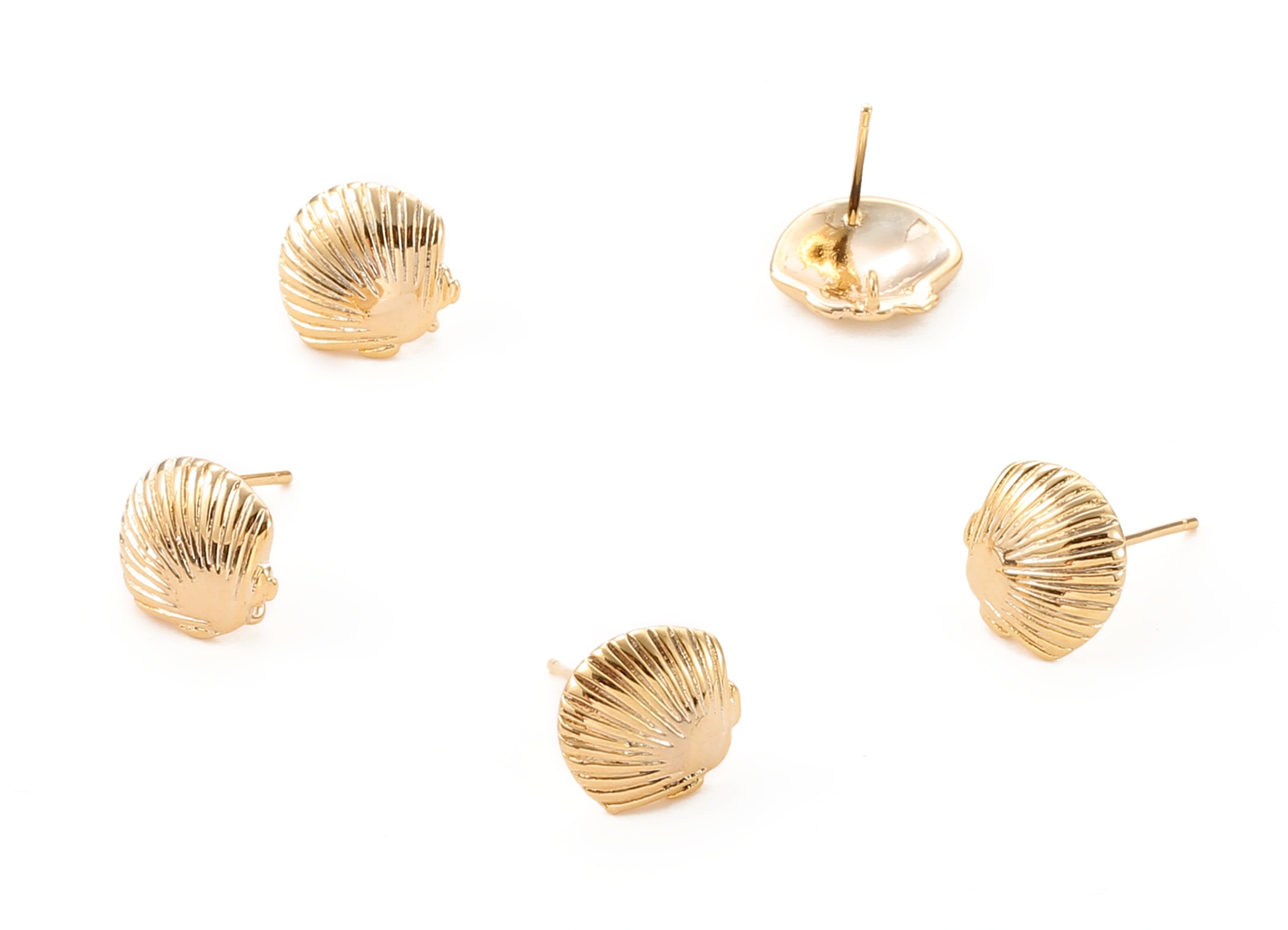 Brass Mussel Shell Earring Posts - Brass Mussel Shell Earring Stud - 18K Real Gold Plated Brass Stud -  11.33x10.78x1.2mm - RGP1047 - DOMEDBAZAAR