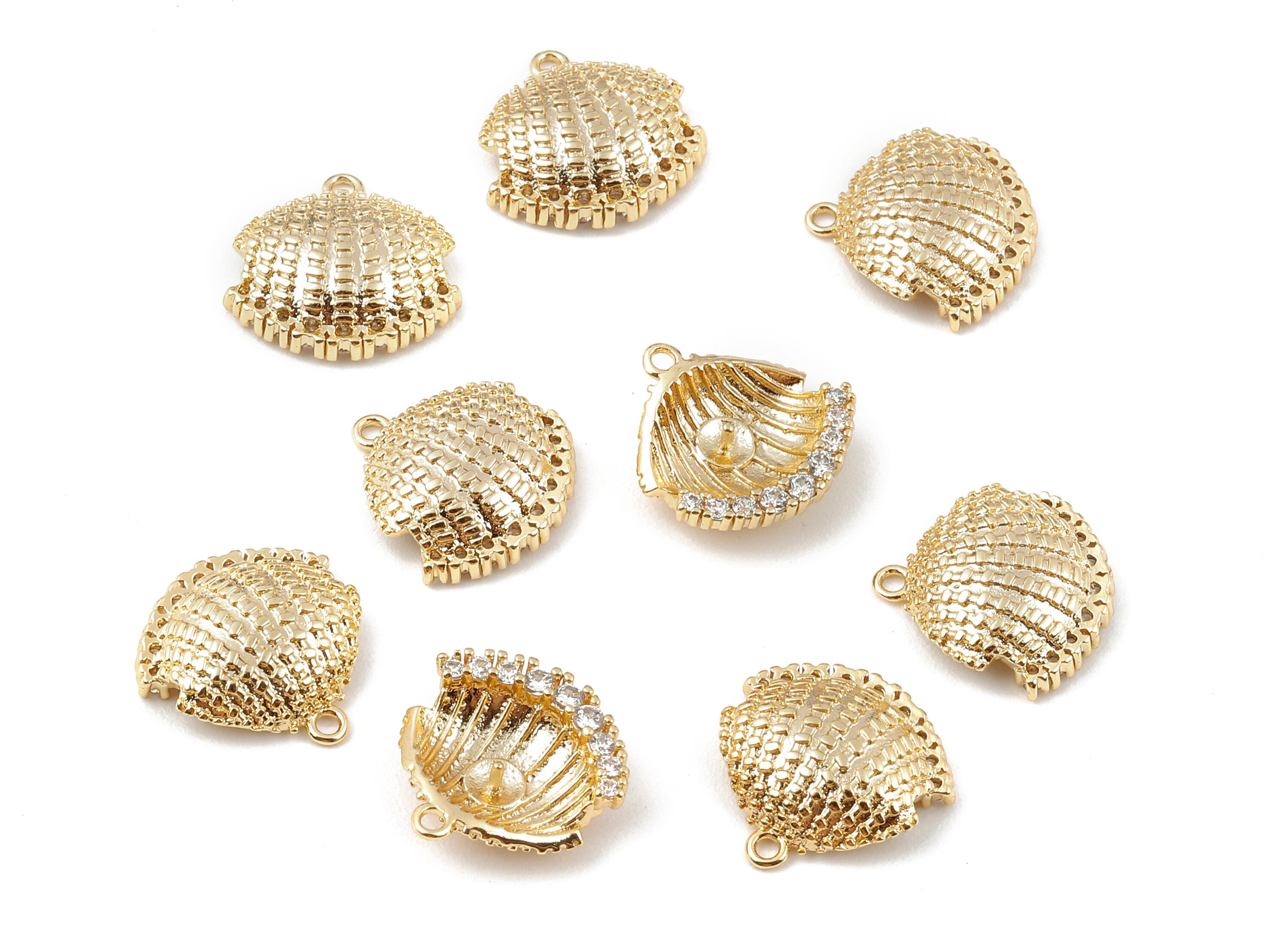 Brass Mussel Shell Charms - Zircon Shell Pendant for Pearl - 18K Real Gold Plated Brass - zircon pendant - 15.5x15.32x1.8mm - RGP1106 - DOMEDBAZAAR