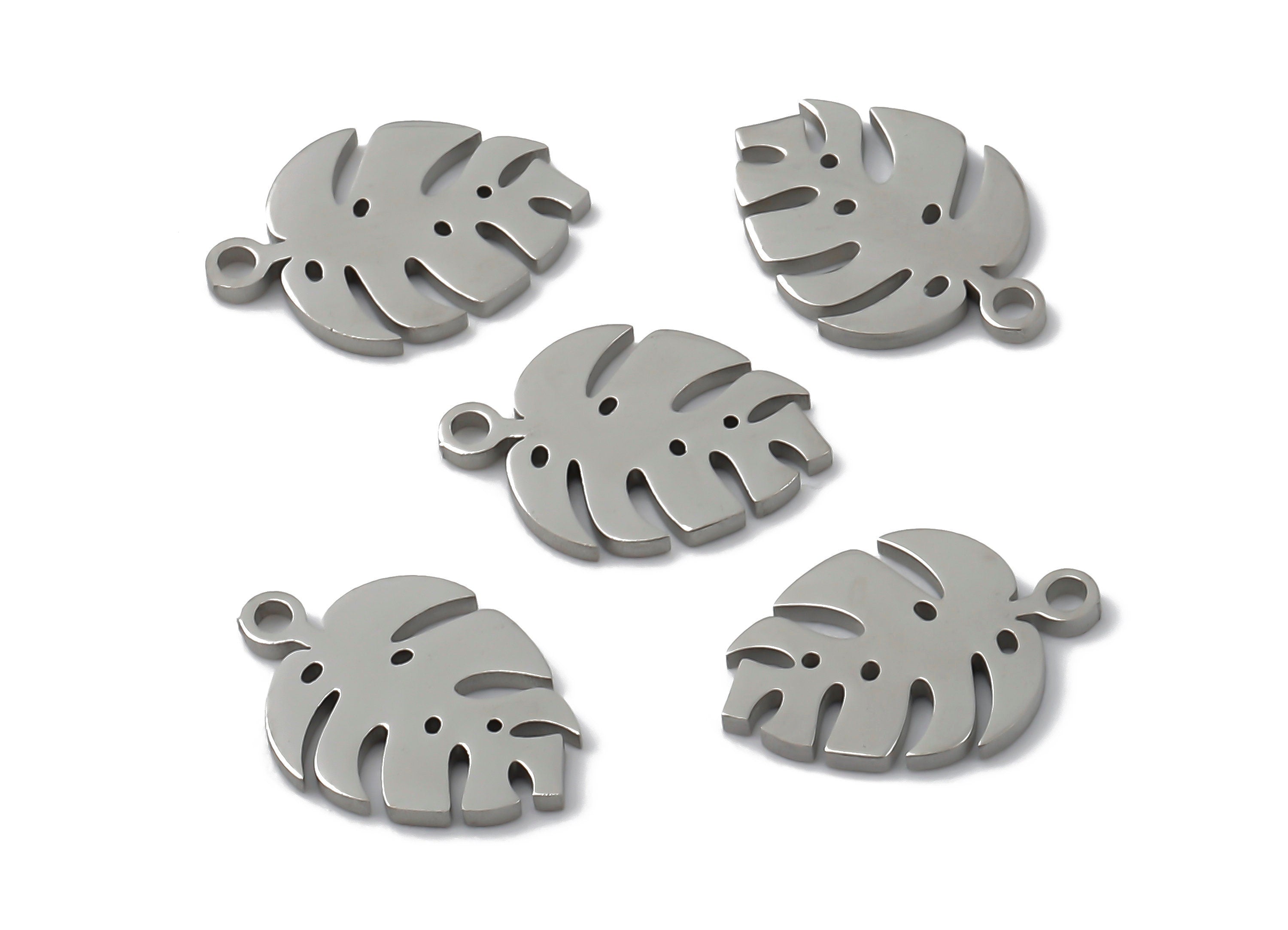 Stainless Steel Monstera Leaf Charms - Leaf Pendant - 18K Real White Gold Plated Brass - Necklace Pendant  - 12.81x8.95x0.95mm - RGP1121 - DOMEDBAZAAR