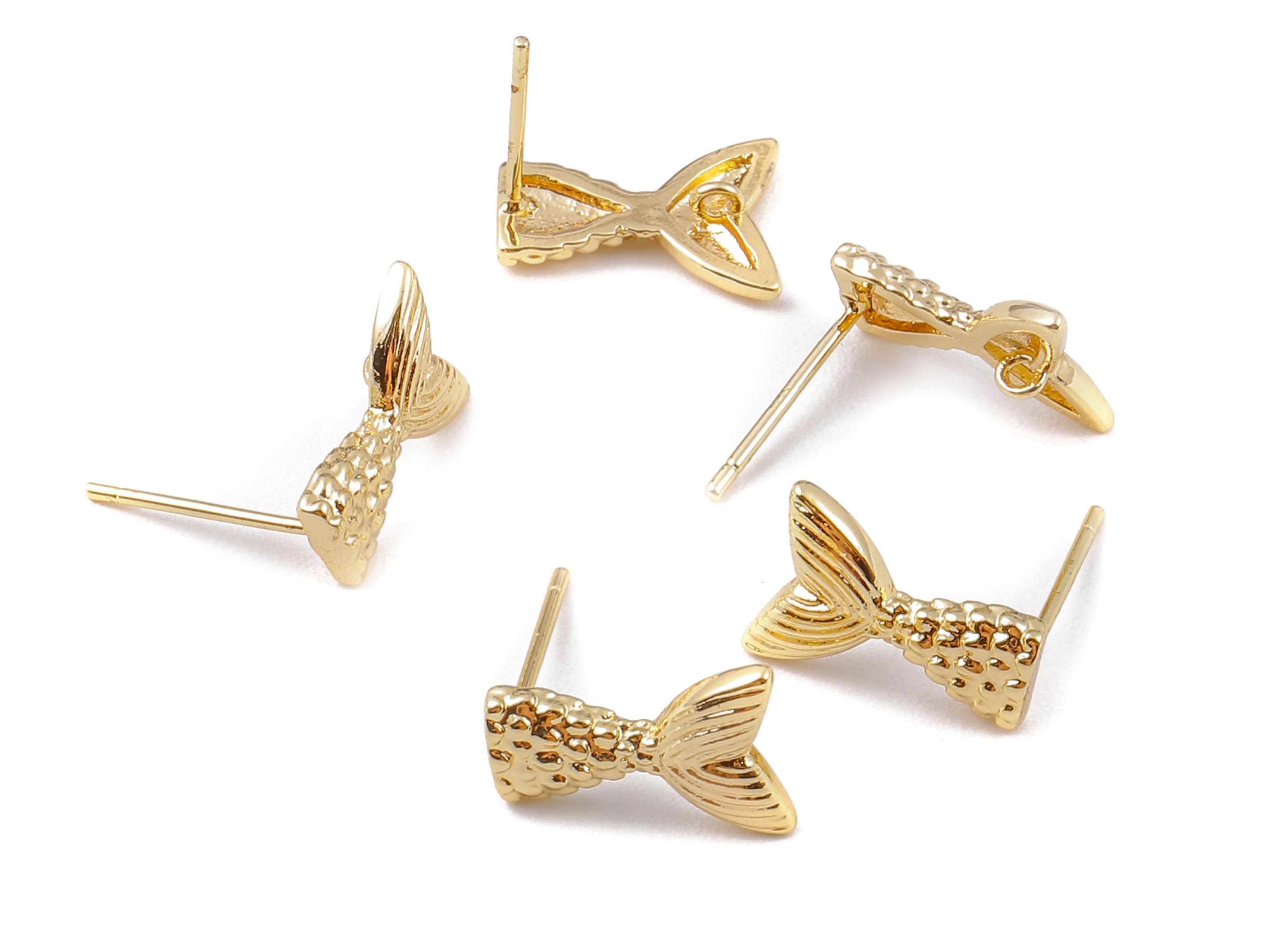 Brass Fishtail Earring Posts - Fishtail Earring Stud - 18K Real Gold Plated Brass Stud - Jewelry Supplies - 13.21x9.76x1.78mm - RGP1123 - DOMEDBAZAAR