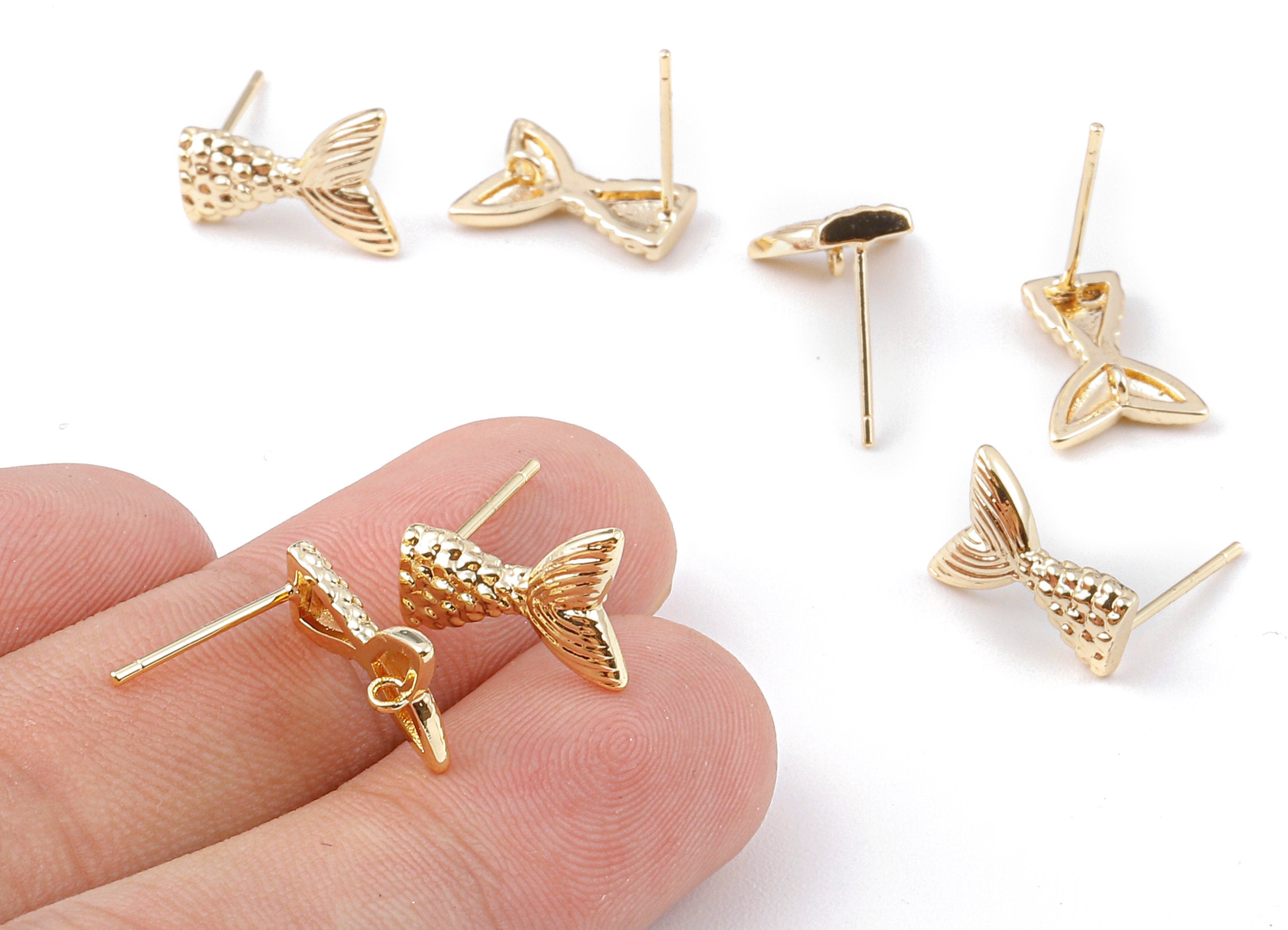 Brass Fishtail Earring Posts - Fishtail Earring Stud - 18K Real Gold Plated Brass Stud - Jewelry Supplies - 13.21x9.76x1.78mm - RGP1123 - DOMEDBAZAAR