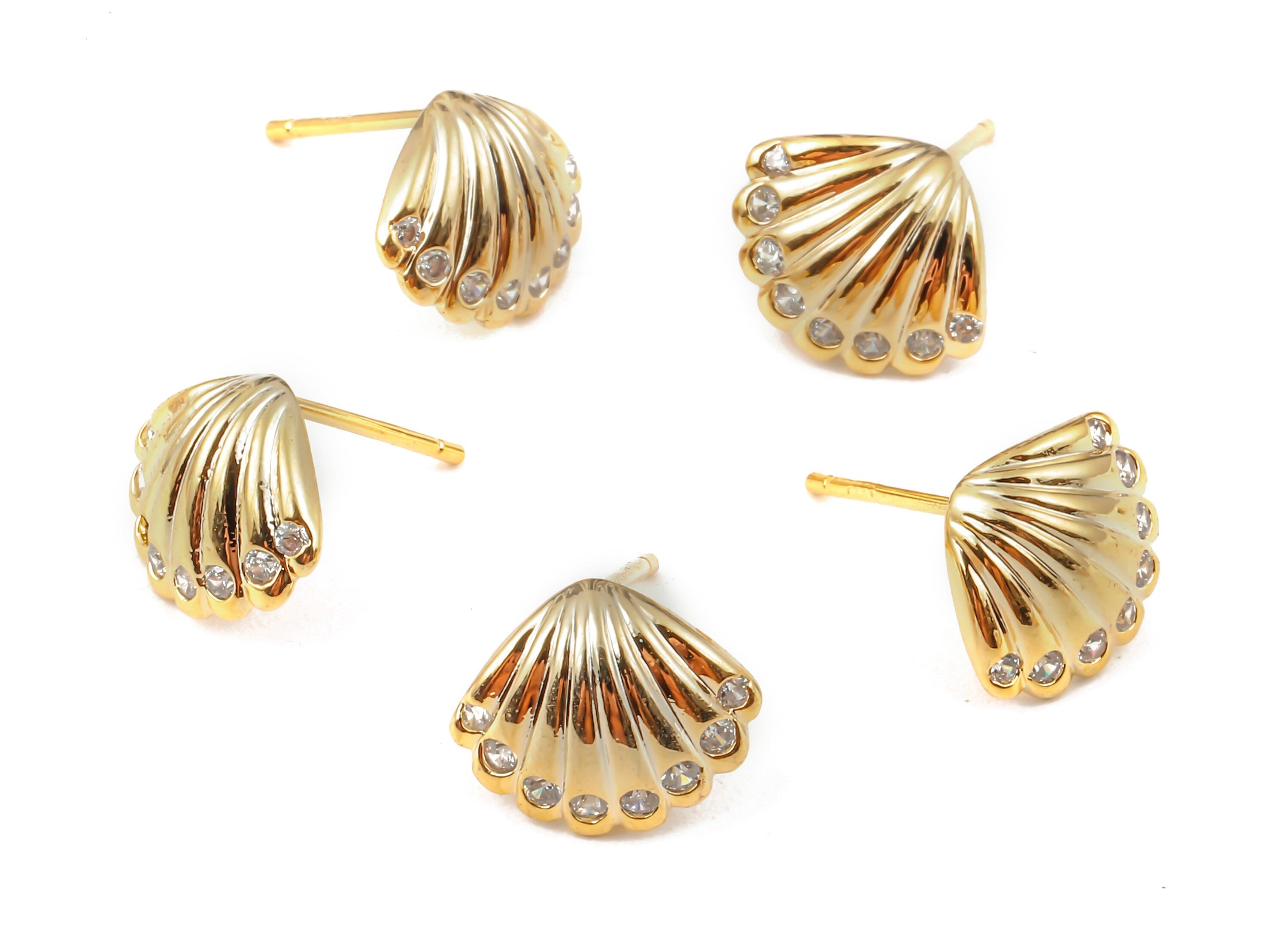 Brass Mussel Shell Stud - Zircon Shell Earring post - 18K Real Gold Plated Brass Stud - 12.38x9.86x1.28mm - RGP1124 - DOMEDBAZAAR