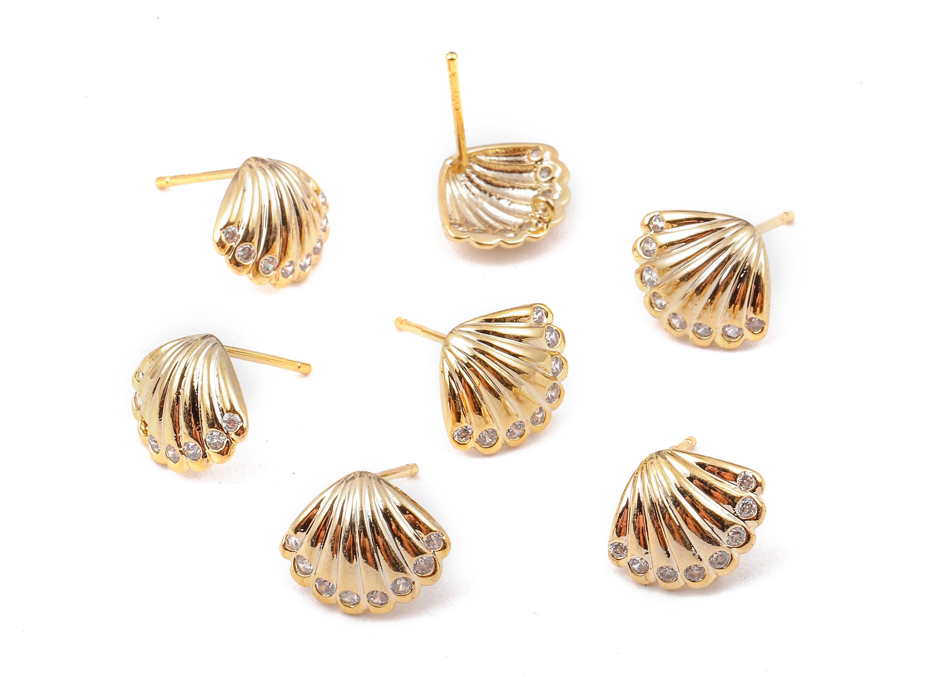Brass Mussel Shell Stud - Zircon Shell Earring post - 18K Real Gold Plated Brass Stud - 12.38x9.86x1.28mm - RGP1124 - DOMEDBAZAAR