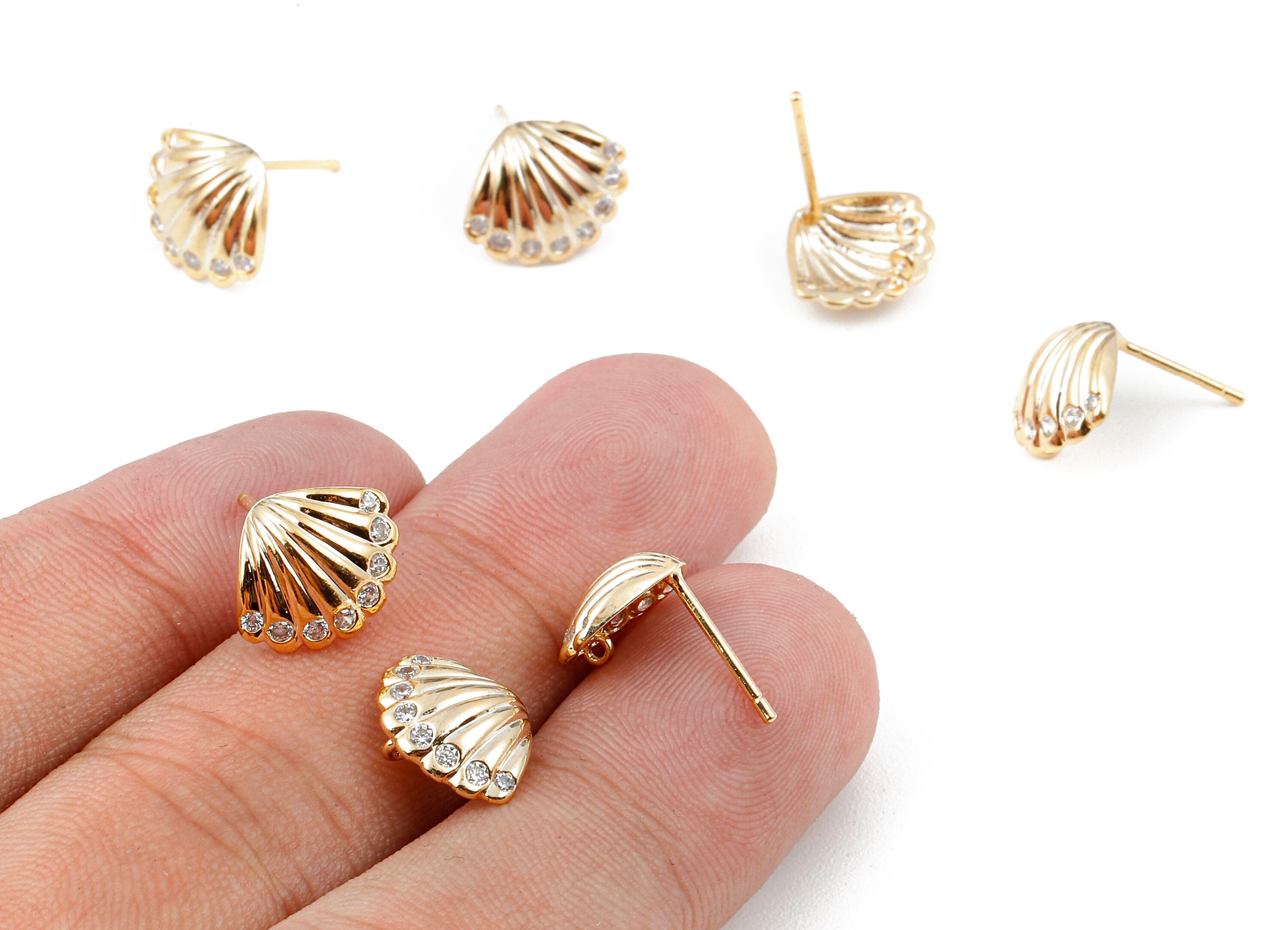 Brass Mussel Shell Stud - Zircon Shell Earring post - 18K Real Gold Plated Brass Stud - 12.38x9.86x1.28mm - RGP1124 - DOMEDBAZAAR