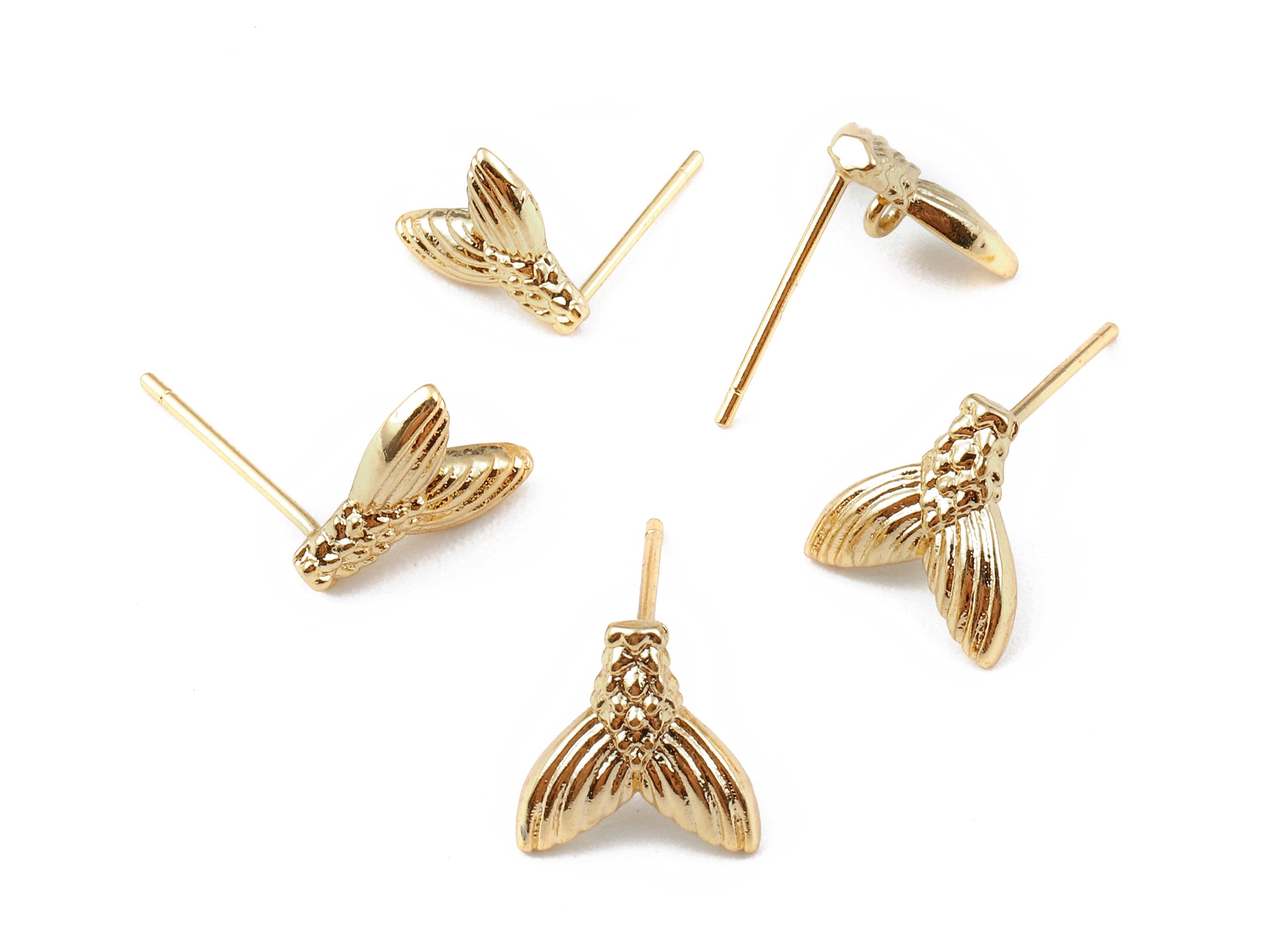 Brass Fish tail Earring Post - 18K Real Gold Plated Brass Fish tail Stud - Jewelry Supplies - 9.8x9.78x1.45mm - RGP1133 - DOMEDBAZAAR