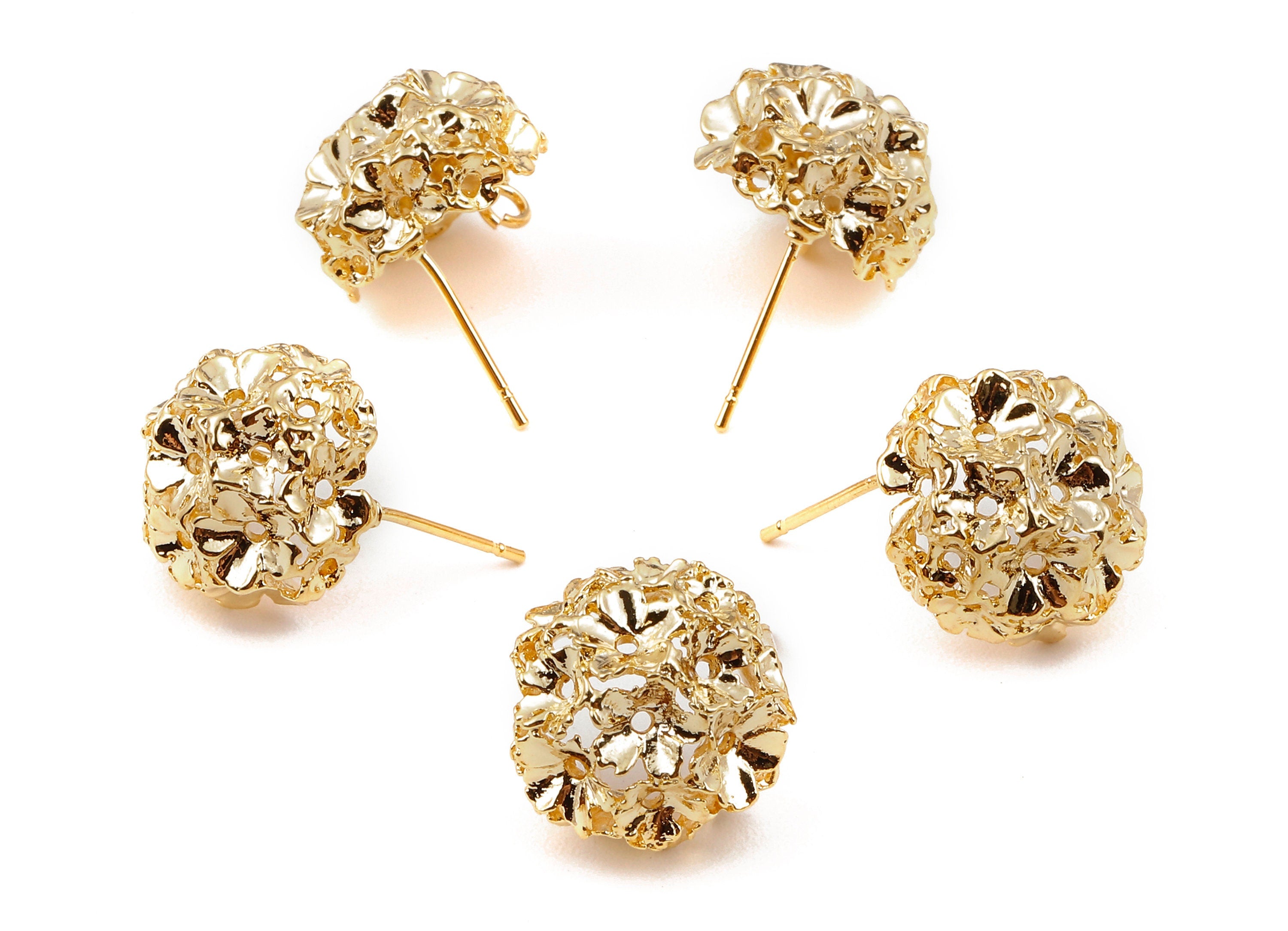Brass Flowers Earing Post - Brass Bouquet Earring Stud - 18K Real Gold Plated Brass - Jewelry Supplies - 15.95x15.95x1.65mm - RGP1152 - DOMEDBAZAAR