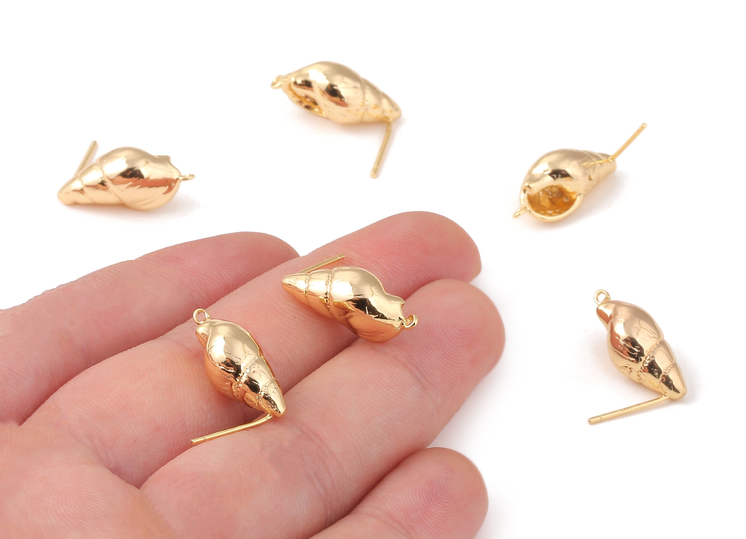 Brass Whelk Seashell Earring Post - Brass Whelk Seashell Earring Stud - 18K Real Gold Plated Brass Stud - 20.25x9.31mm - RGP1059 - DOMEDBAZAAR