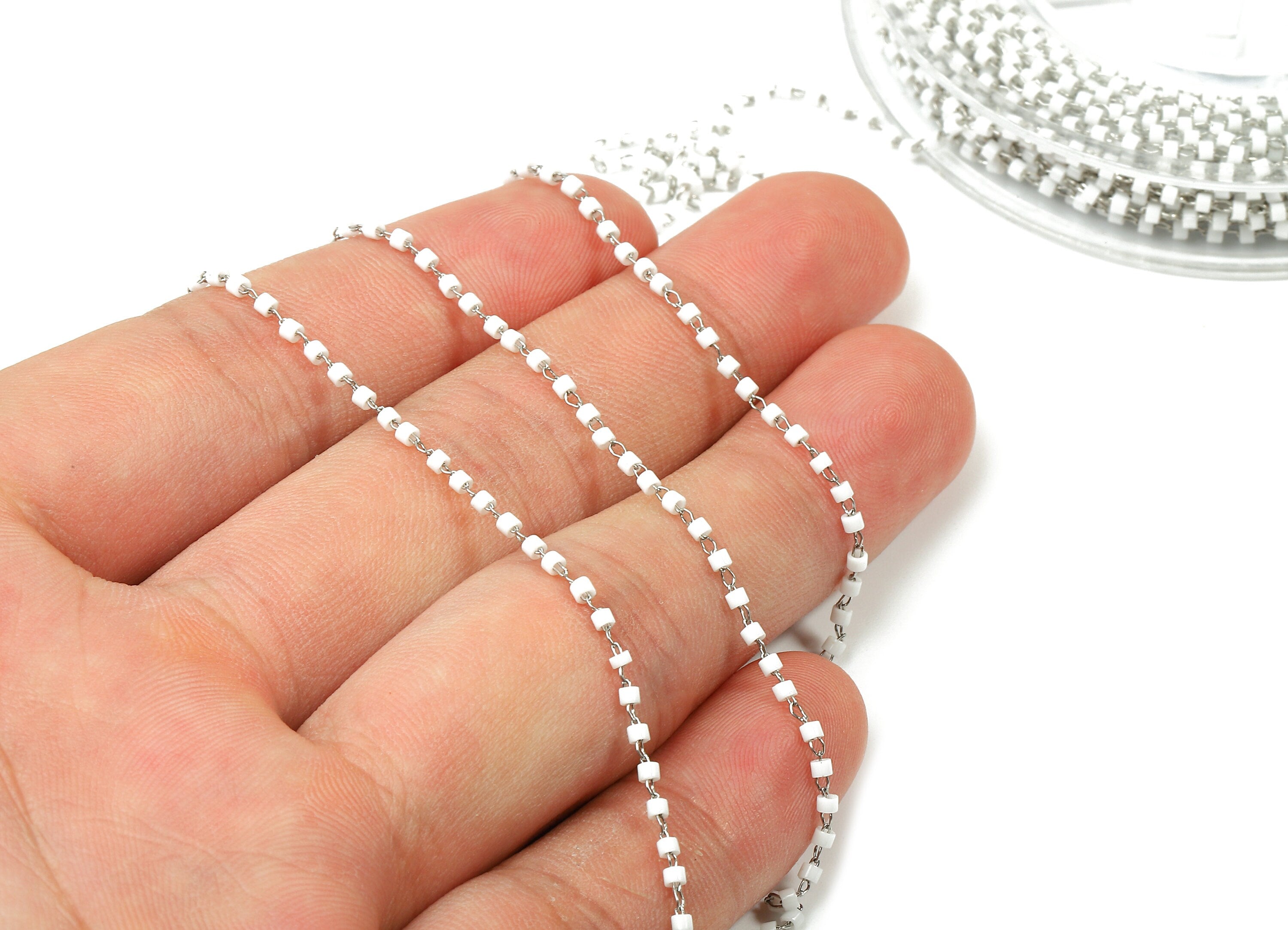 Toho Glass Beaded Chain - Seed Beads Chain - White Toho Glass Bead - Stainless Steel - Jewelry Making Chain - 1.63mm x 1.44mm - TH1020 - DOMEDBAZAAR