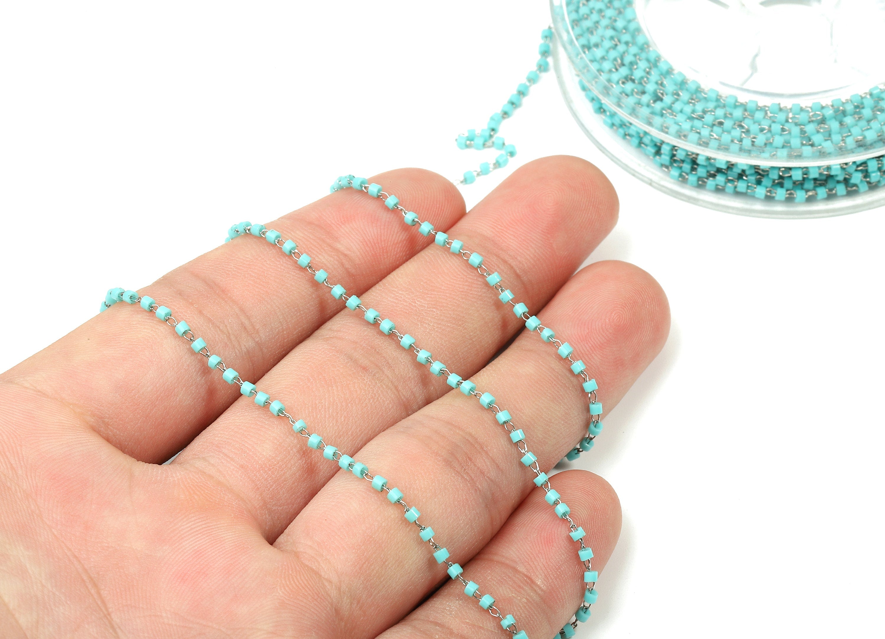 Toho Glass Beaded Chain - Seed Beads Chain - Turquaz Toho Glass Bead - Stainless Steel - Jewelry Making Chain - 1.63mm x 1.44mm - TH1022 - DOMEDBAZAAR