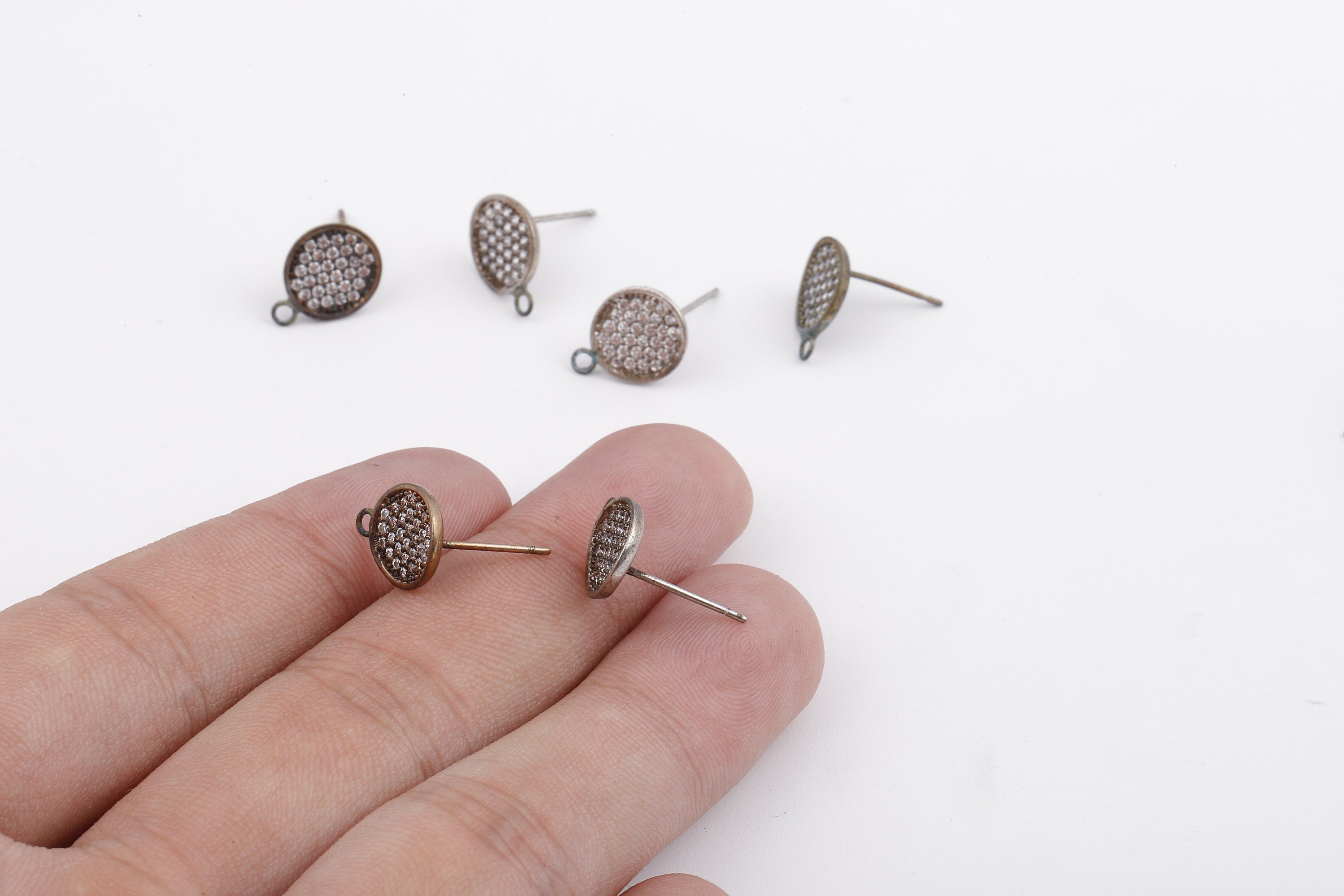 Brass Round Earring Stud - Zirconia Earrings Post - Jewelry Supplies - 12.49x9.49x1.43mm - PP2800 - DOMEDBAZAAR