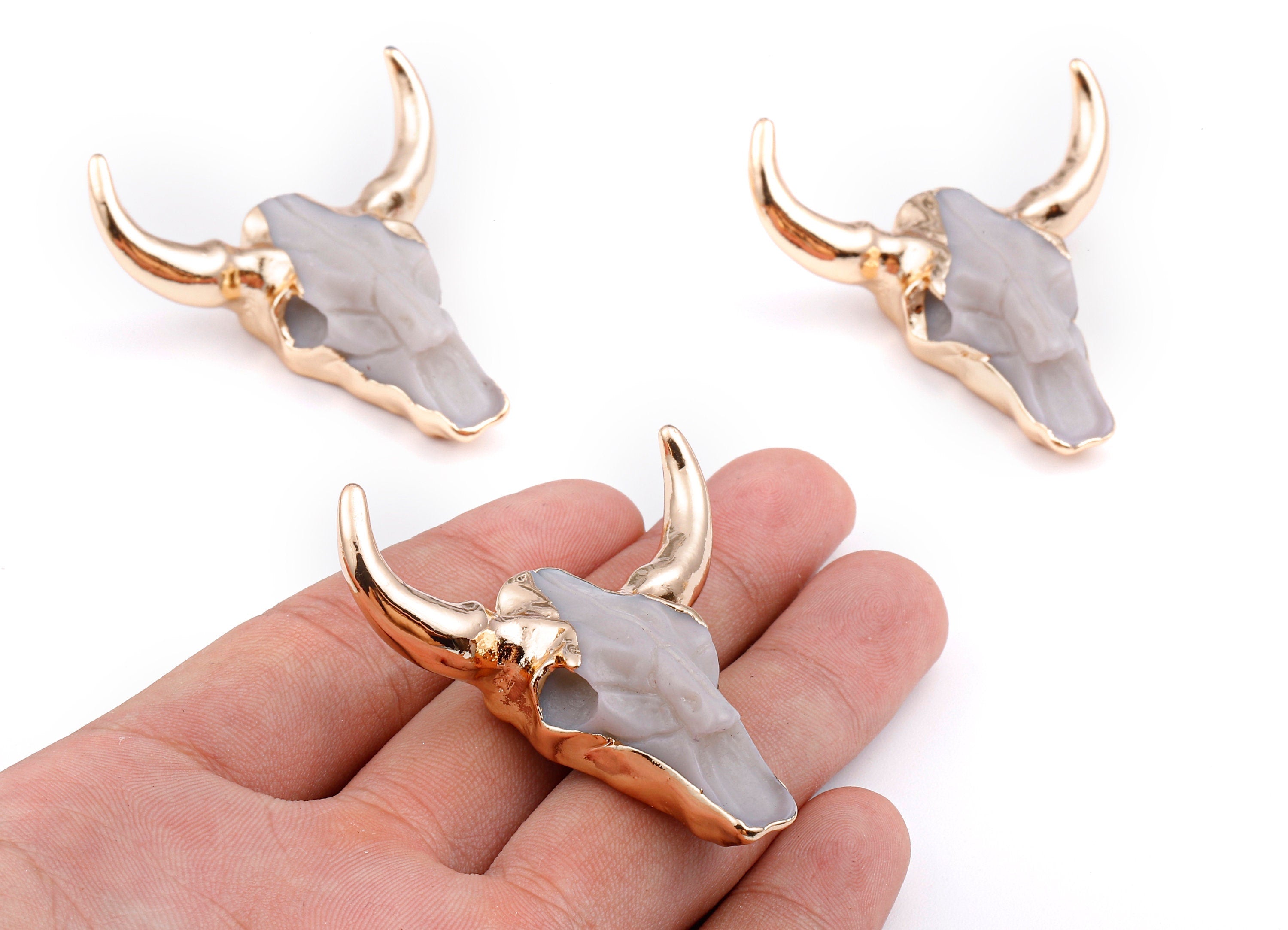 Resin Bull Charms - Buffalo Cattle Skull Pendant - Resin Horn Cattle - Bull Head Druzy - 47x44.57x13.15mm - RC1019D - DOMEDBAZAAR