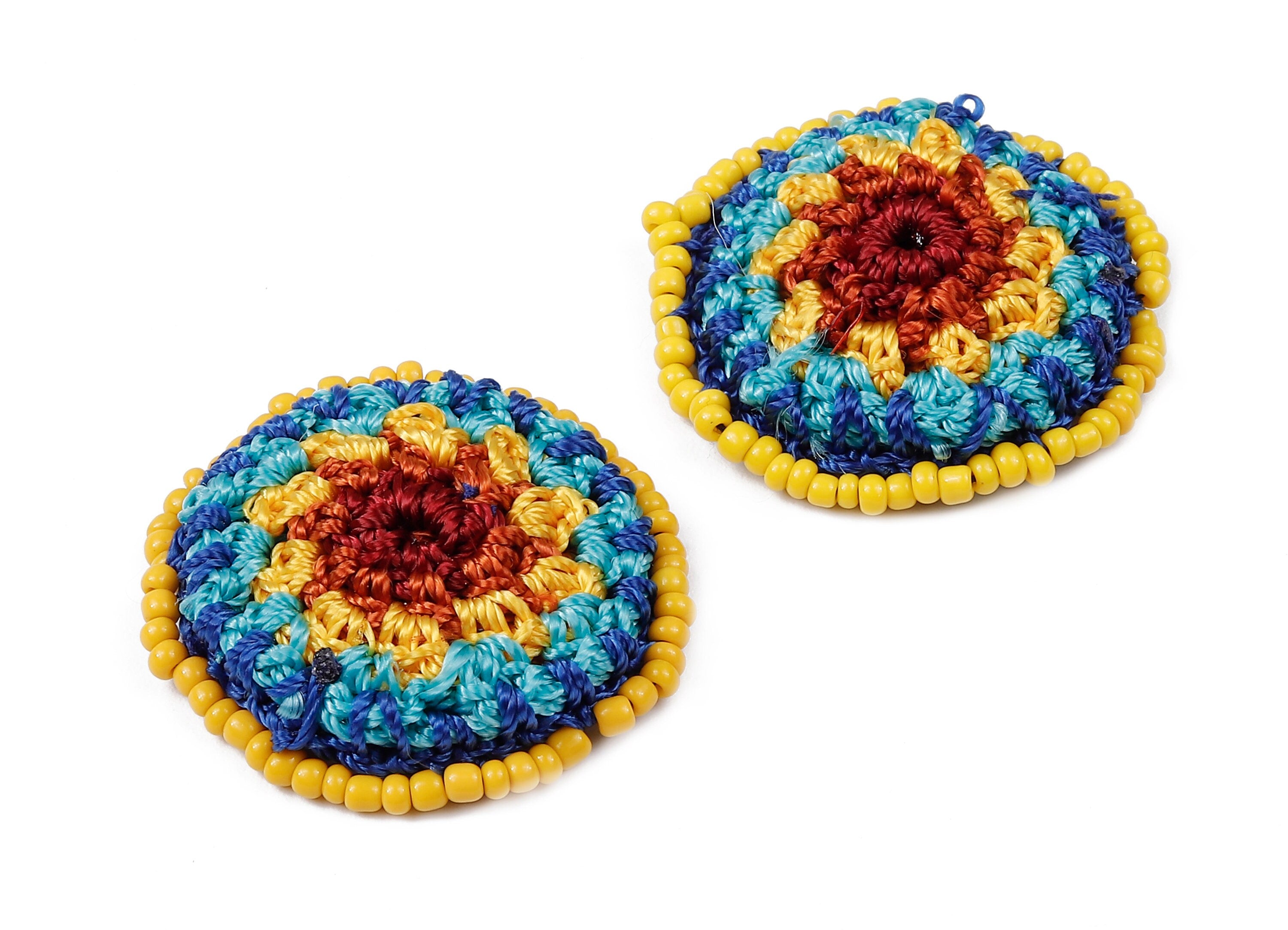 Crochet Round Earrings - Crochet Earrings with Beads - Knit weaving Earrings - Handmade Flower Earrings - 37.12x37.12x3.93mm - TS1069 - DOMEDBAZAAR