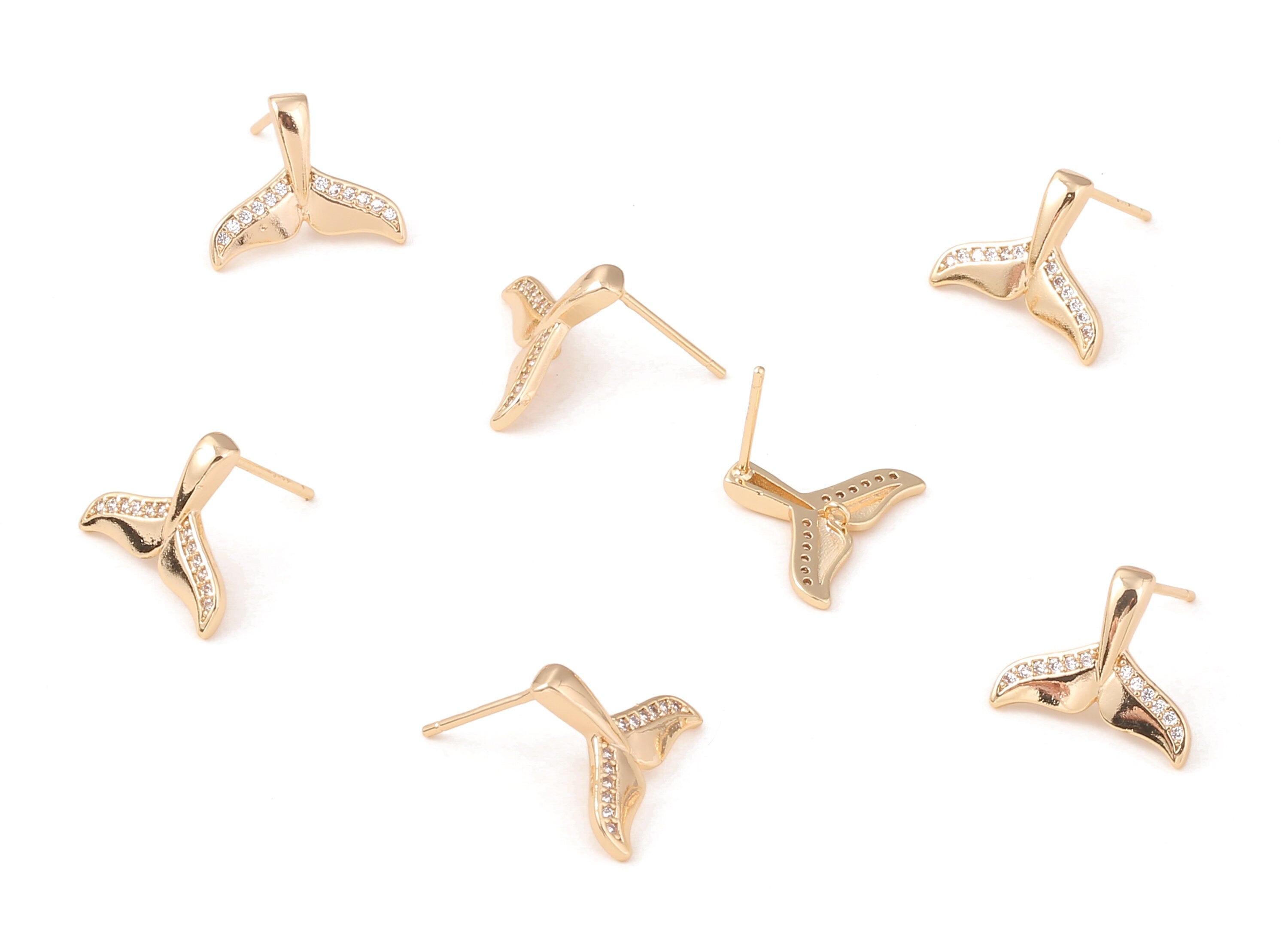 Brass Fishtail Earing Post - Zircon Fishtail Earring Stud - 18K Real Gold Plated Brass Stud - Jewelry Supplies - 14.73x12.31x1.3mm - RGP1065 - DOMEDBAZAAR