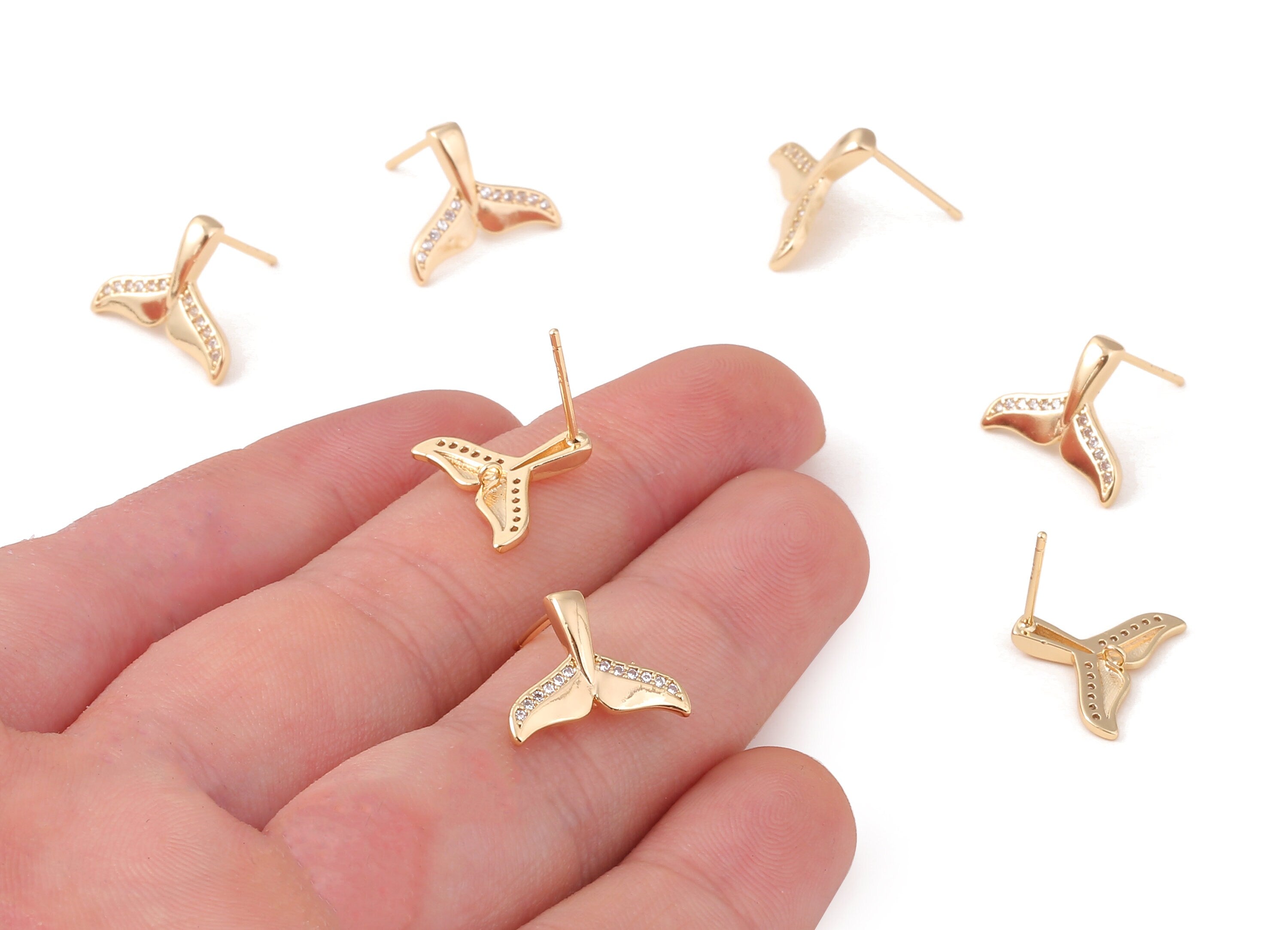 Brass Fishtail Earing Post - Zircon Fishtail Earring Stud - 18K Real Gold Plated Brass Stud - Jewelry Supplies - 14.73x12.31x1.3mm - RGP1065 - DOMEDBAZAAR