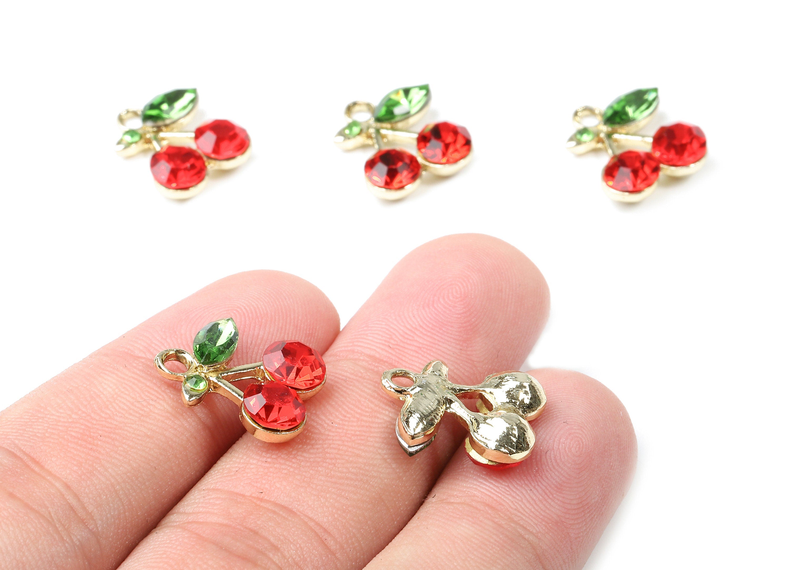 Alloy Cherry Charms - Zinc Alloy Cherry Earrings - Alloy Glass Beads Pendant - Gold Tone Plated - 16.06x12.97x5.14mm - ZZ1558 - DOMEDBAZAAR