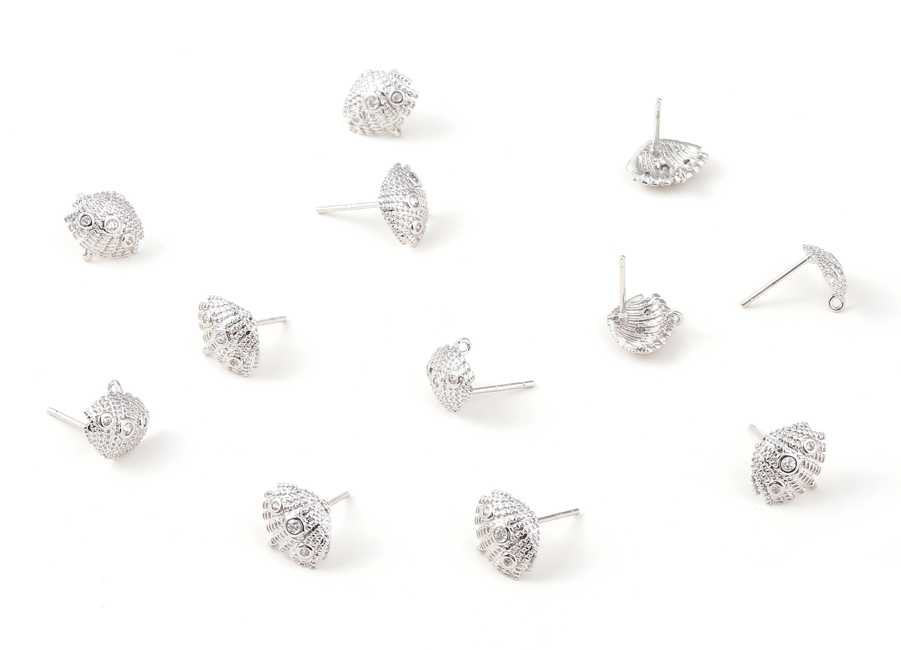 Brass Mussel Shell Charms - Brass Mussel Shell Earring Post - 18K Real White Gold Plated Brass - 11.58x9.93x1.56mm - RGP1073 - DOMEDBAZAAR