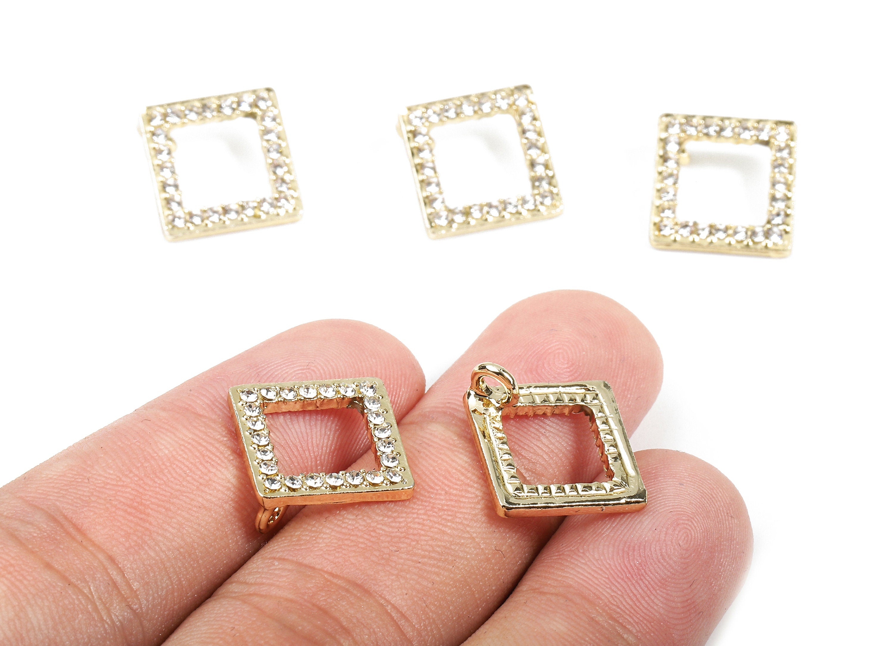 Alloy Square Charms - Zinc Alloy Square Earrings - Alloy Glass Beads Pendant - Square Gold Tone Plated - 13.96x13.96x2.05mm - ZZ1563 - DOMEDBAZAAR