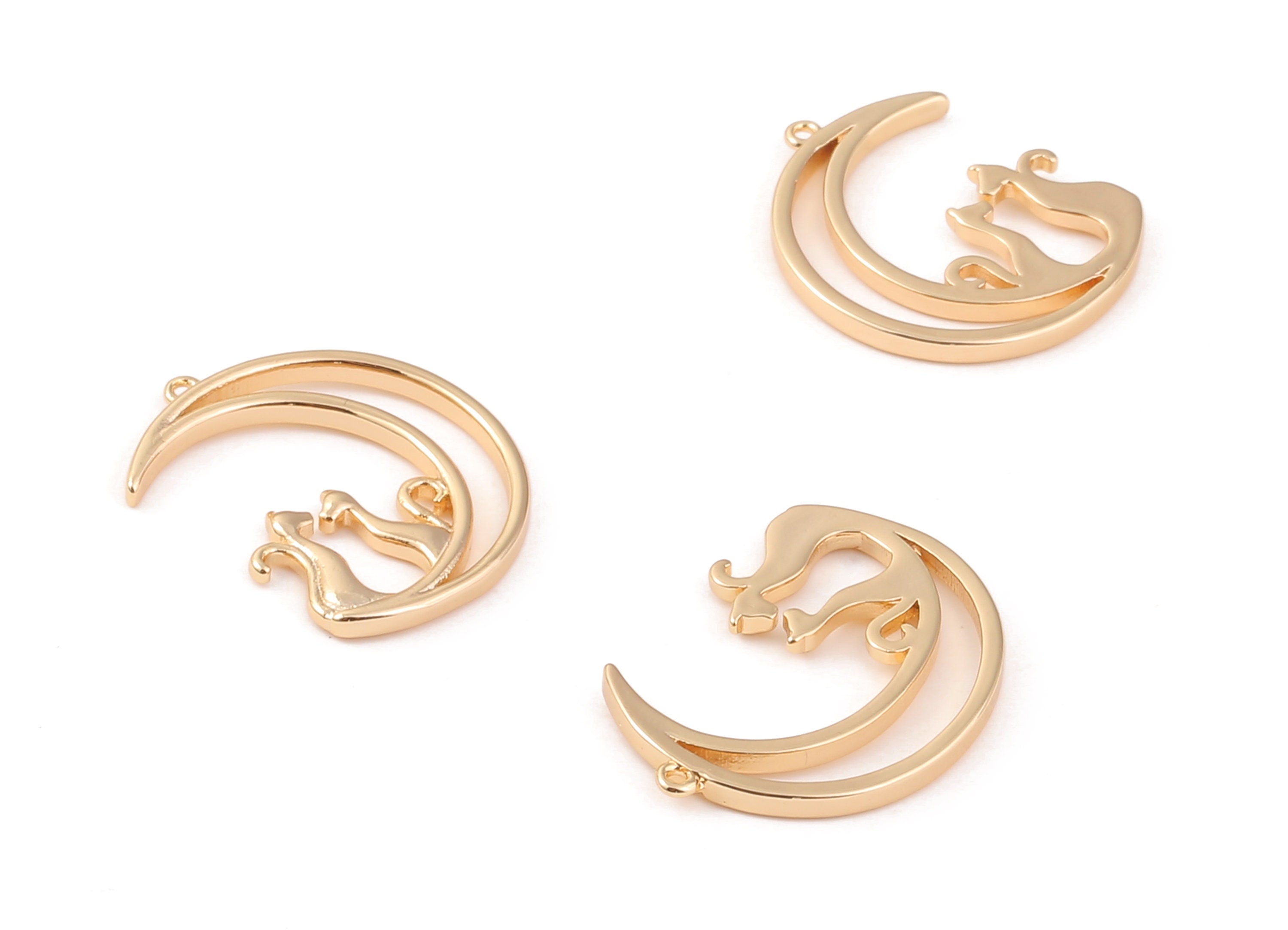 Brass Cat Moon Earring Charm - Brass Cat Moon Earring Pendant - 18K Real Gold Plated Brass - Jewelry Supplies - 24.66x19.84x1.92mm - RGP1062 - DOMEDBAZAAR