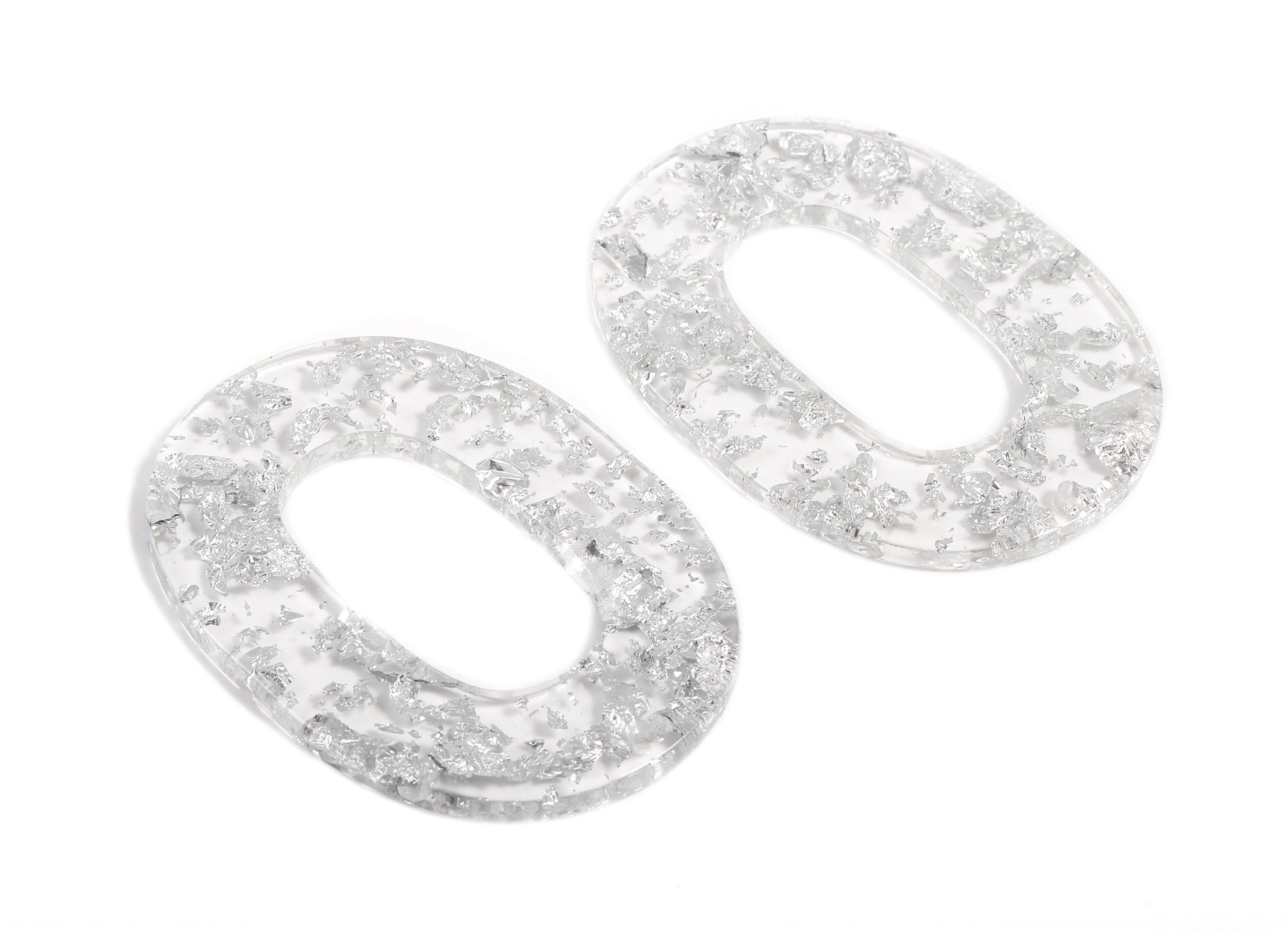 Acetate Oval Charms - Oval Earrings and Pendant - Oval Silver Foil & Confetti - Color Code: A254 - 46.81x34.24x2.32mm - AC1065-A254 - DOMEDBAZAAR