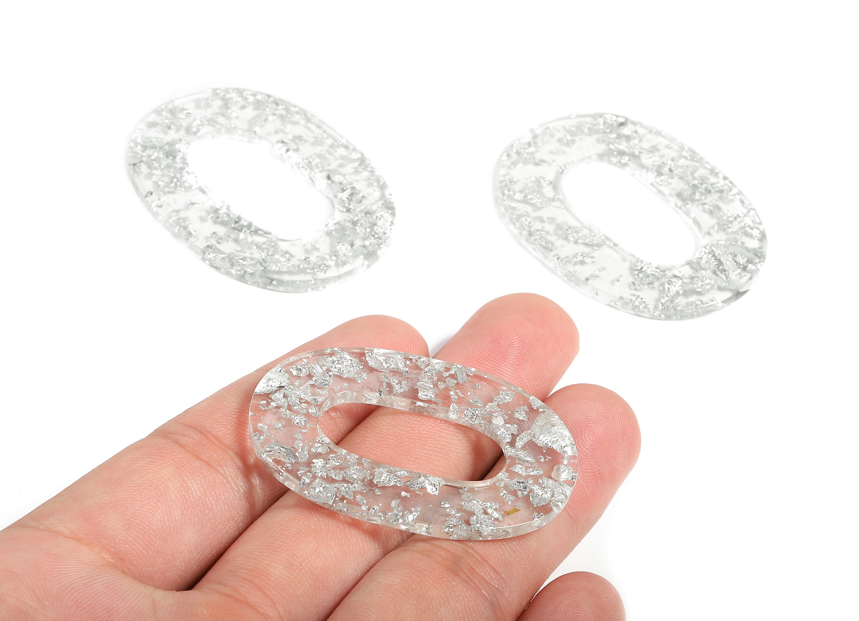 Acetate Oval Charms - Oval Earrings and Pendant - Oval Silver Foil & Confetti - Color Code: A254 - 46.81x34.24x2.32mm - AC1065-A254 - DOMEDBAZAAR