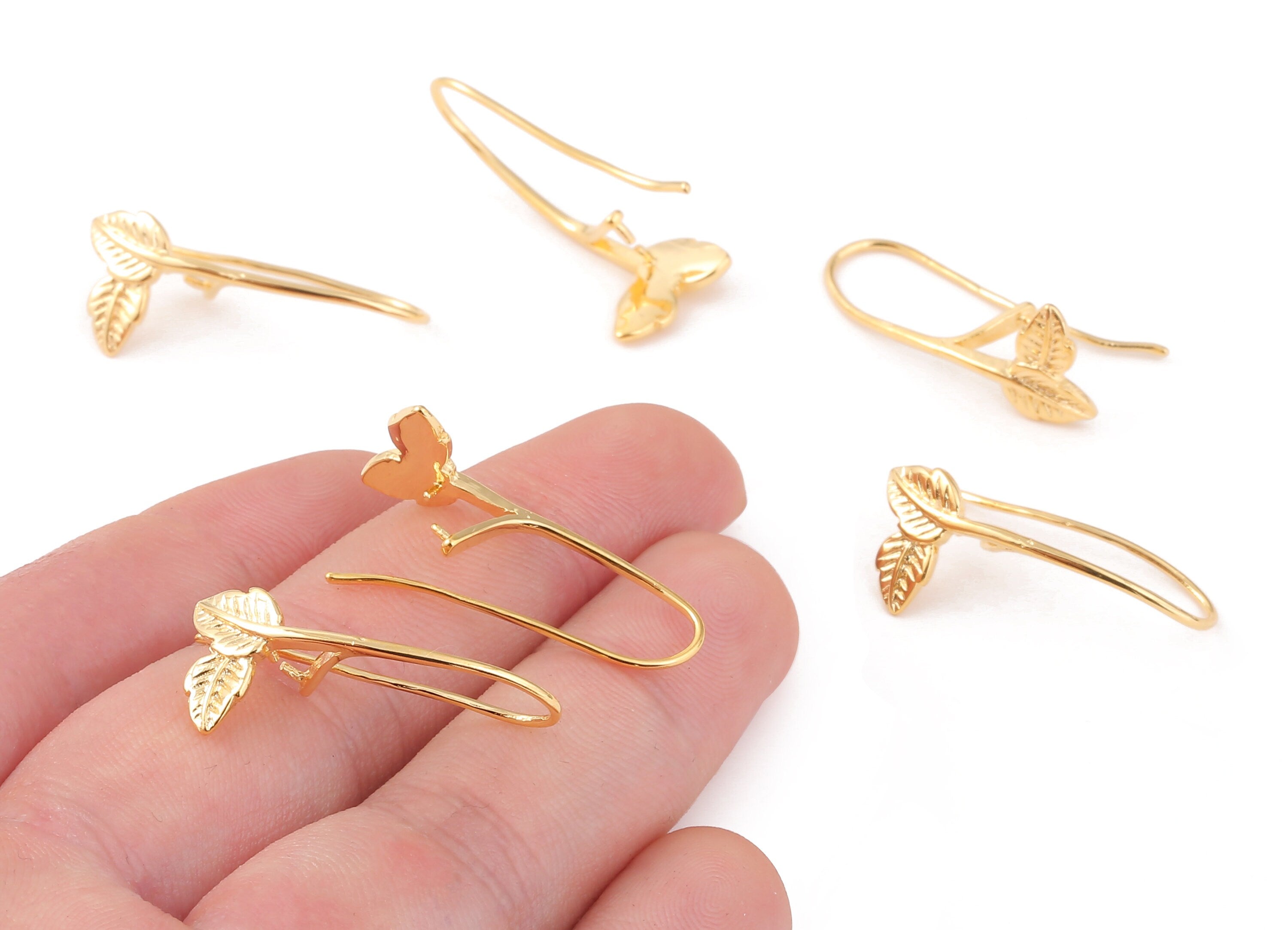 Brass Leaf Earring Wire - Earring hooks - 18K Real Gold Plated Ear Wire - Jewelry Supplies Jewelry Supplies - 30.52x16.53x1.8mm - RGP1068 - DOMEDBAZAAR