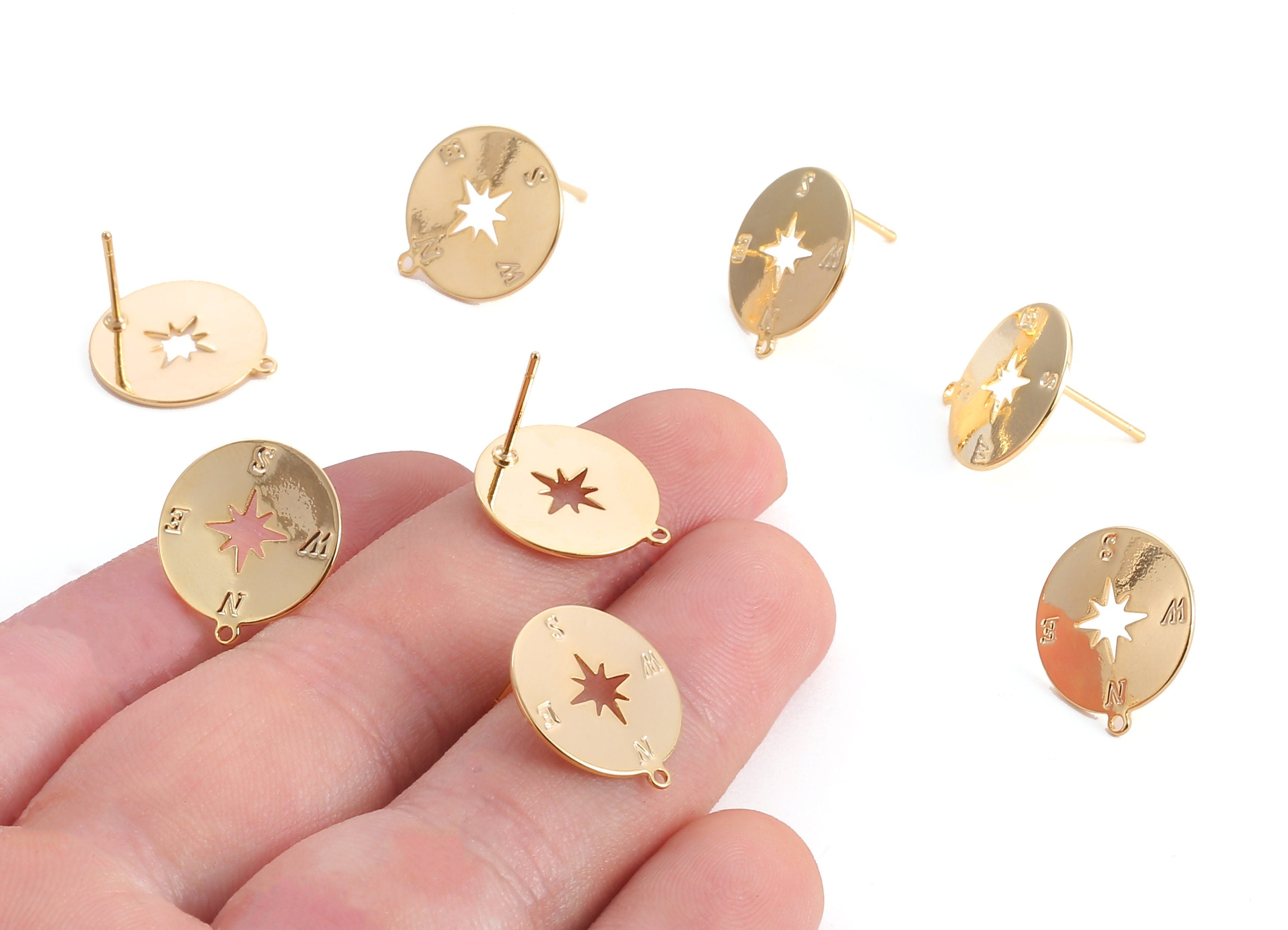 Brass Compass Earring Post - Brass Compass Earring Stud - 18K Real Gold Plated Brass - Jewelry Supplies - 16.74x15.19x0.66mm - RGP1088 - DOMEDBAZAAR