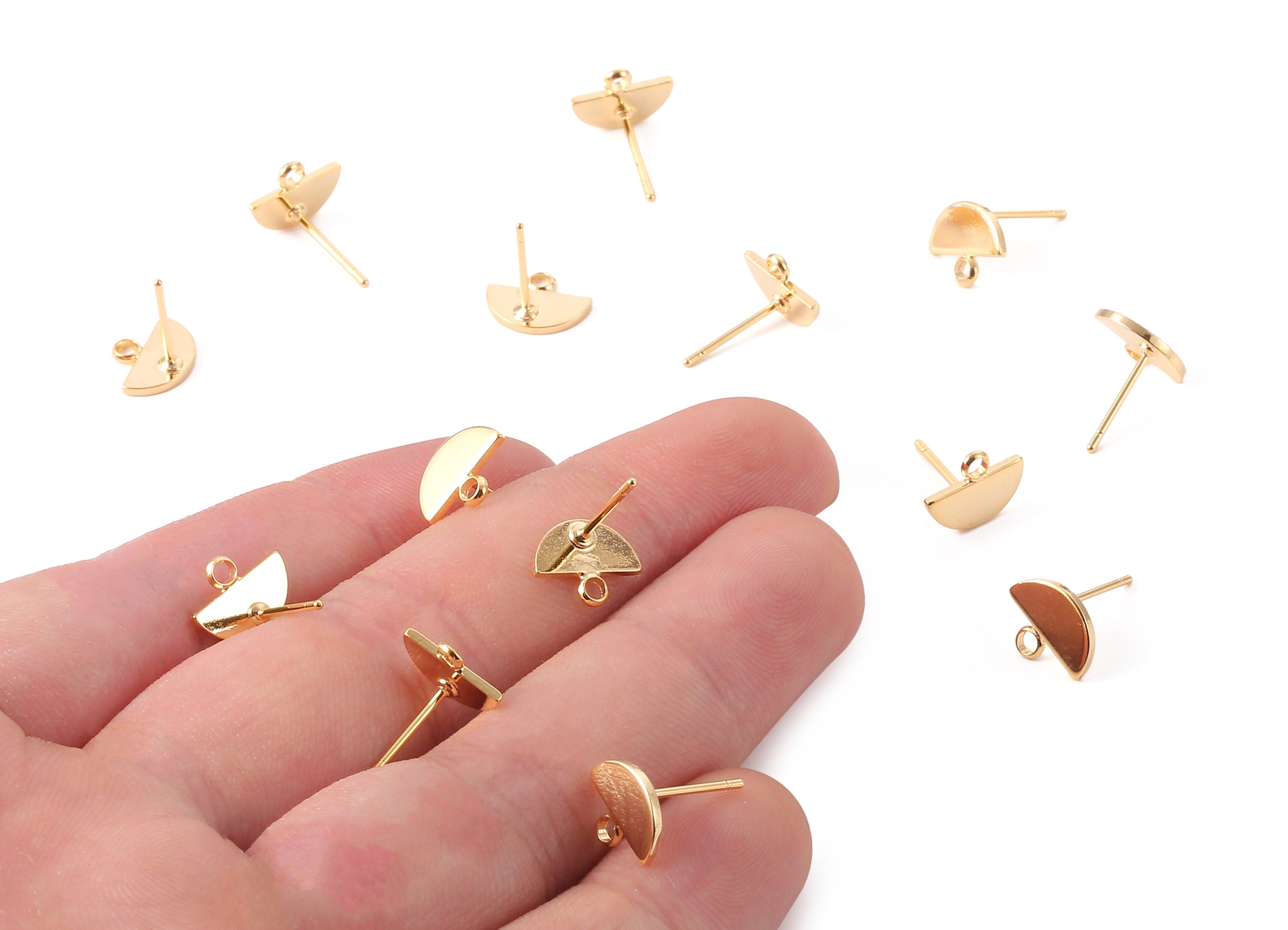 Brass Half Circle Earring Post - Brass Half Moon Earring Stud - 18K Real Gold Plated Brass - Jewelry Supplies - 10.07x7.9x1.05mm - RGP1084 - DOMEDBAZAAR