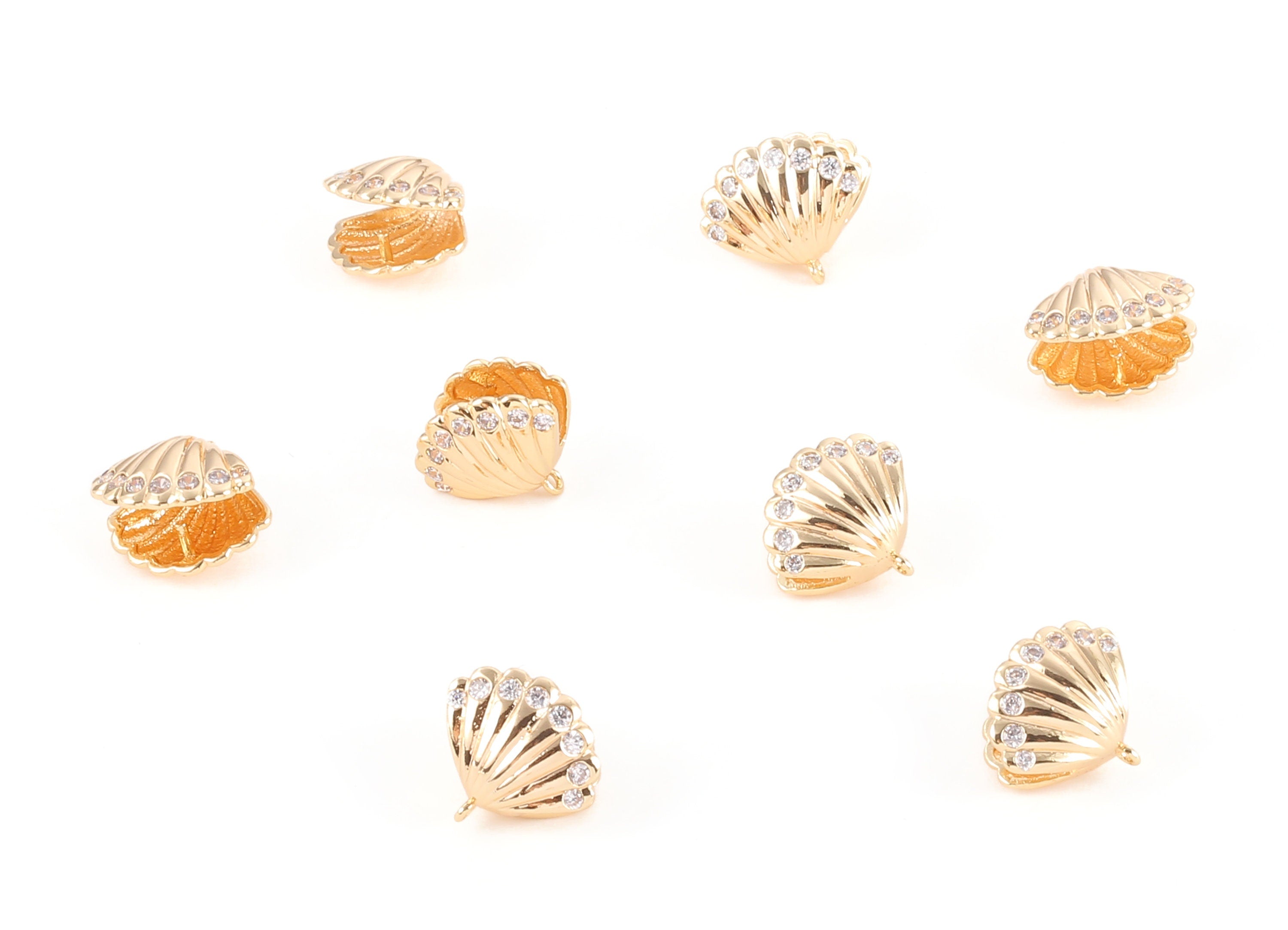 Brass Mussel Shell Earring Charms - Zircon Mussel Shell Earring Pendant - 18K Real Gold Plated Brass - 12.4x11.34x1.3mm - RGP1189 - DOMEDBAZAAR