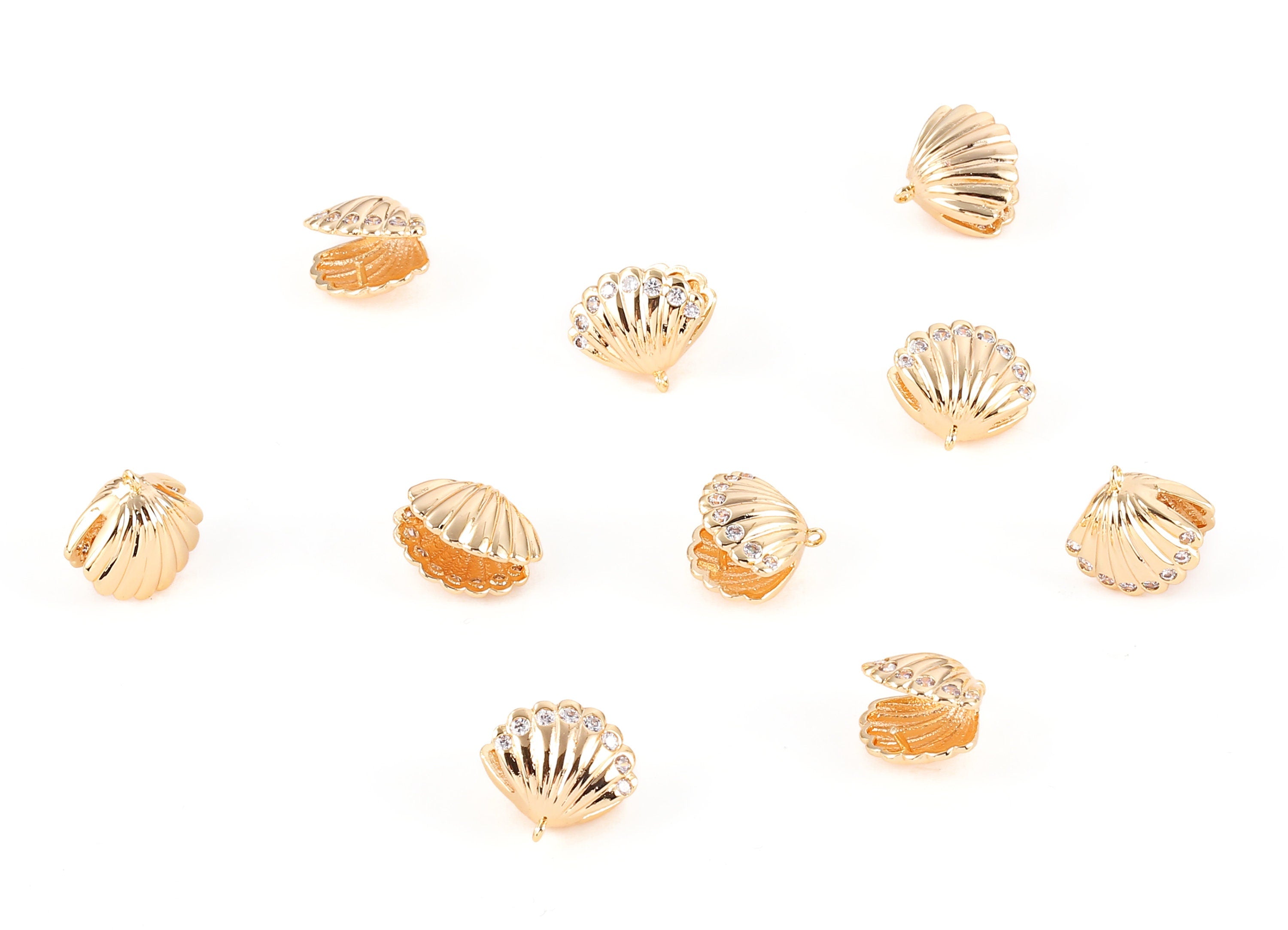 Brass Mussel Shell Earring Charms - Zircon Mussel Shell Earring Pendant - 18K Real Gold Plated Brass - 12.4x11.34x1.3mm - RGP1189 - DOMEDBAZAAR