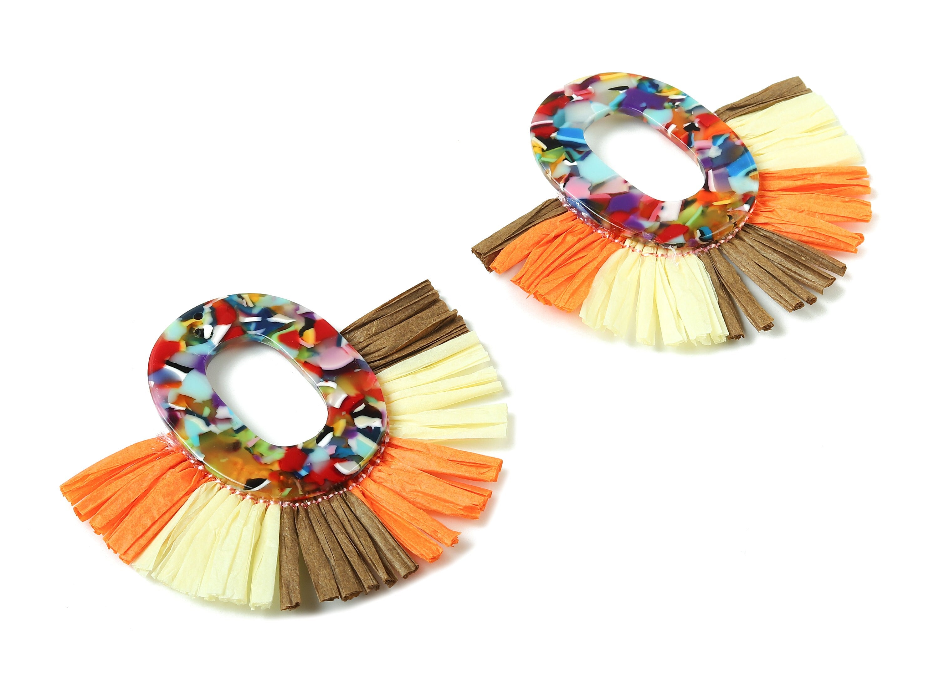 Acetate Oval Raffia Tassels Charms - Earrings with Fan Tassels - Single Layer Raffia - Color Code: A21 - 74.02x67.37x4.43mm - AC1761 - DOMEDBAZAAR