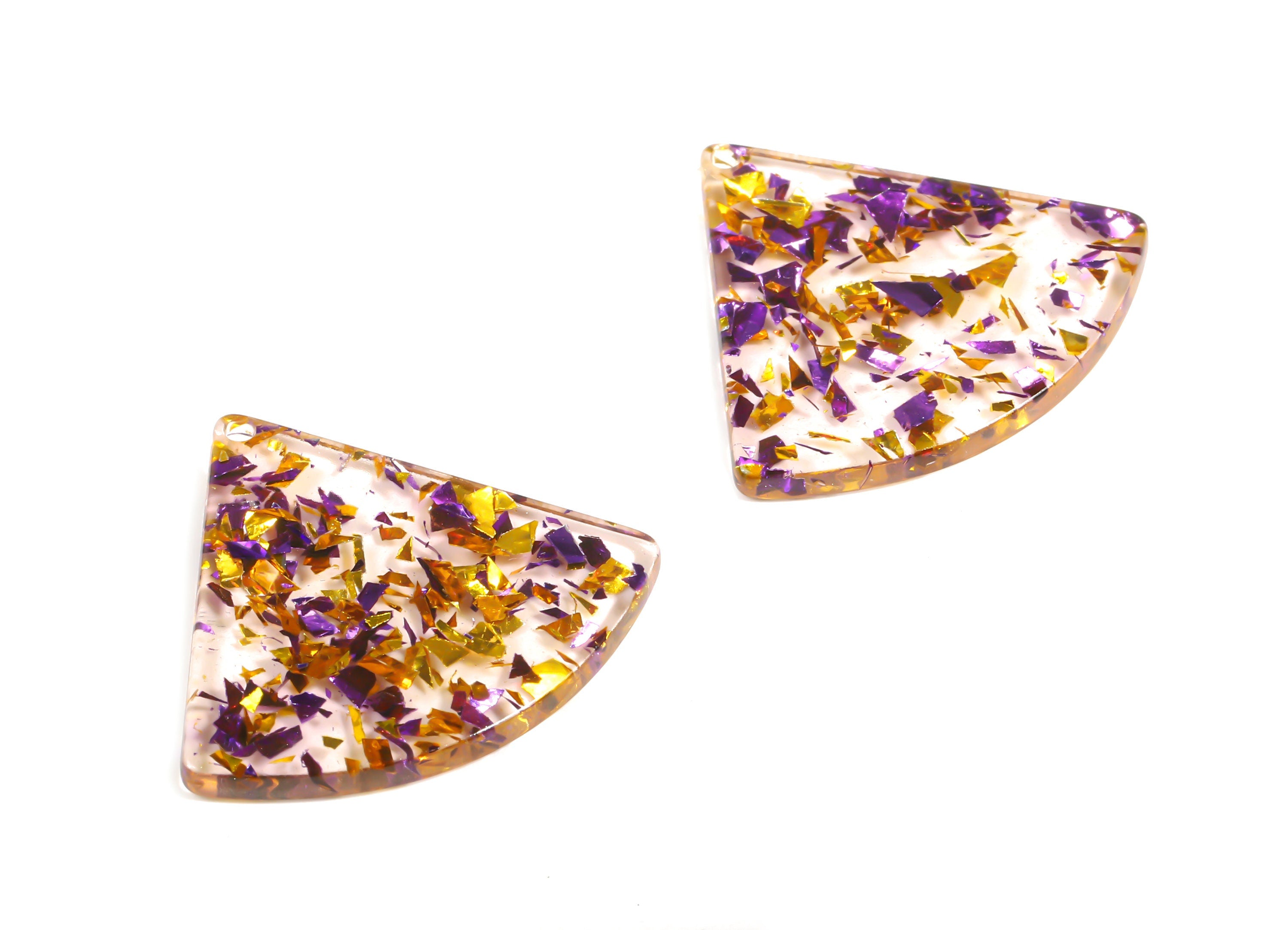 Acetate Fan Charms - Pizza Slice Earrings and Pendant - Purple & Gold Confetti - Color Code: A388 - 31.2x34.5x2.64mm - AC1081-A388 - DOMEDBAZAAR