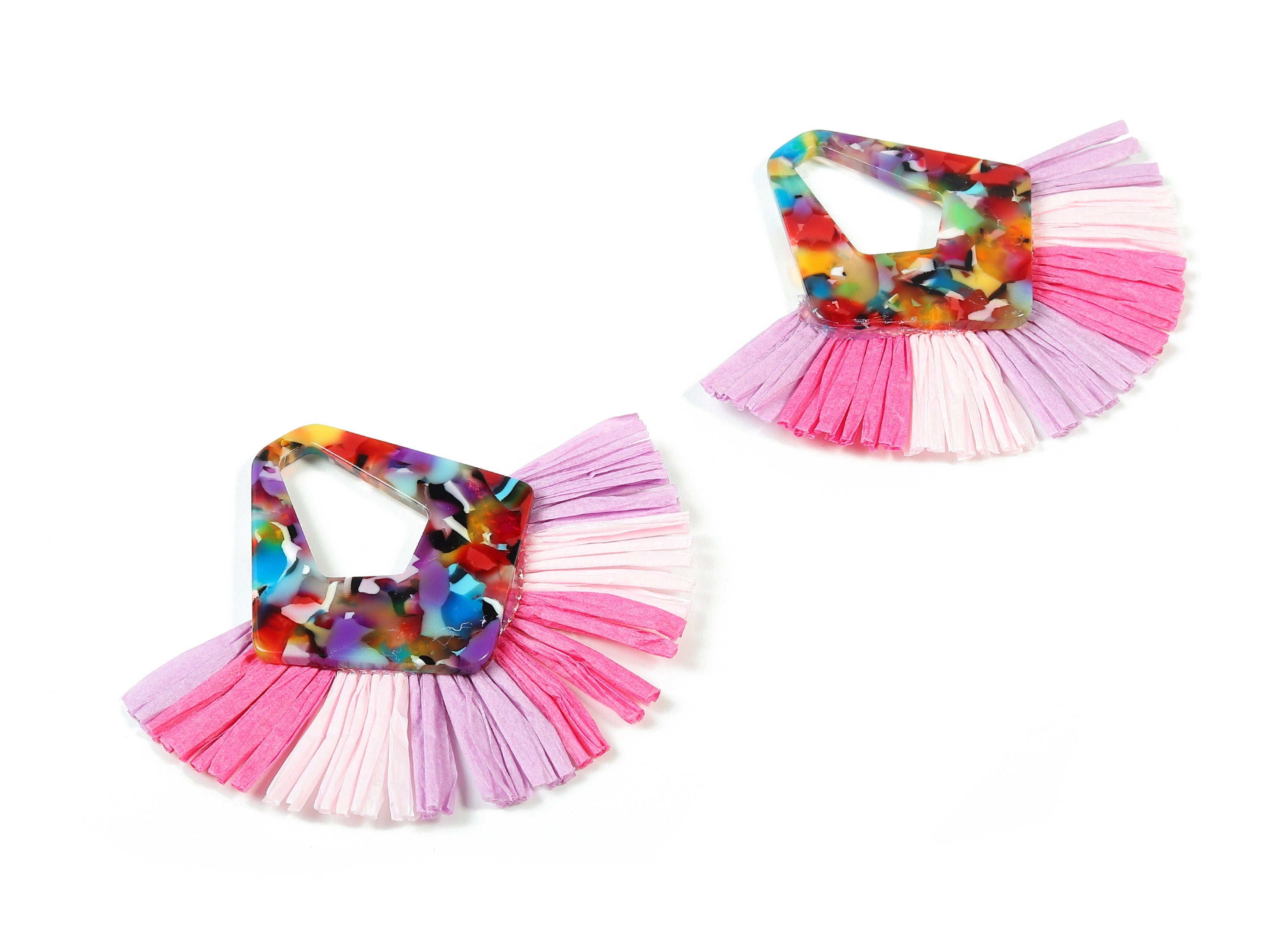 Acetate Diamond Raffia Tassels Charms - Earrings with Fan Tassels - Single Layer Raffia - Color Code: A21 - 80.01x65.98x4.32mm - AC1765 - DOMEDBAZAAR