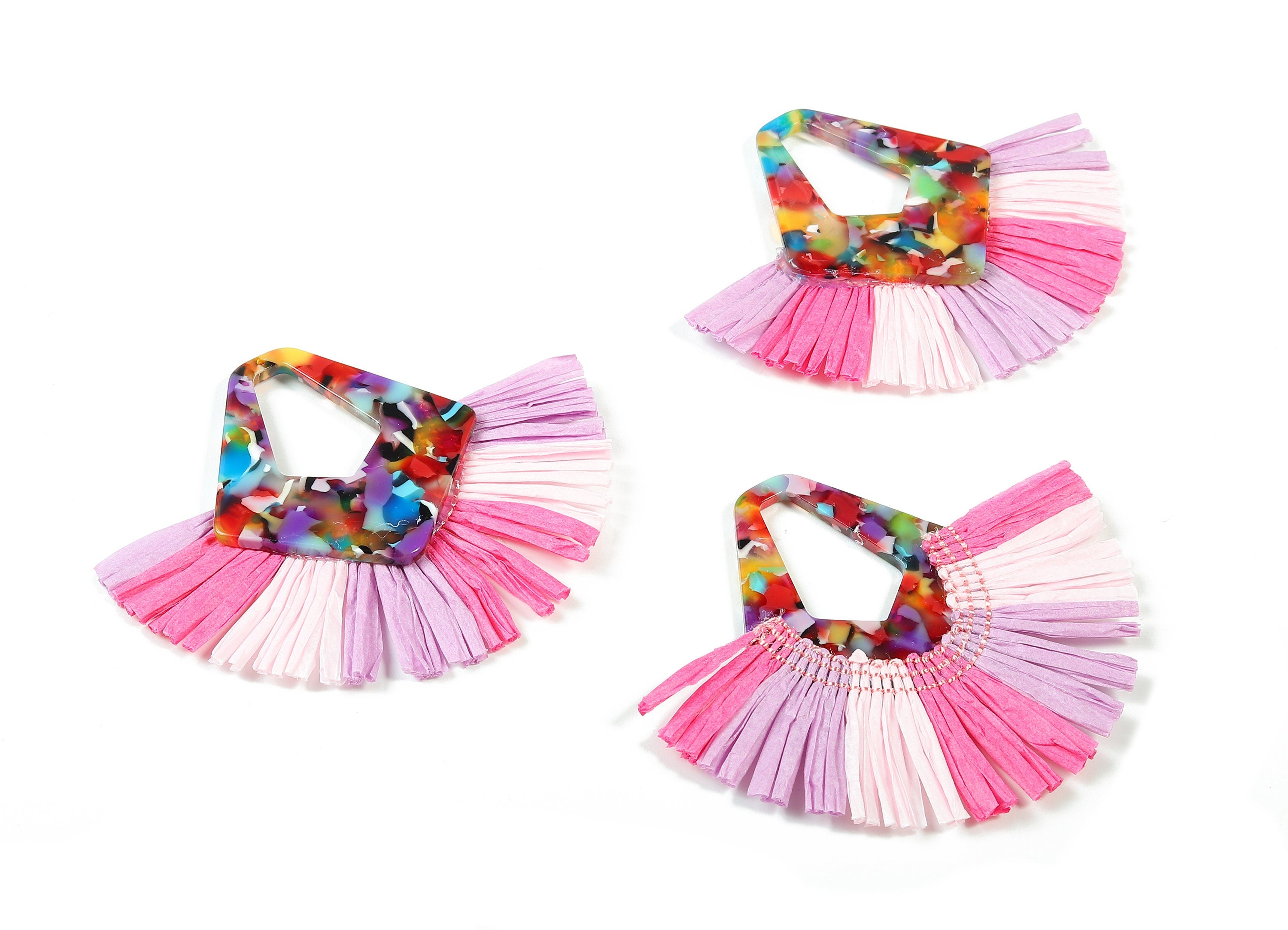 Acetate Diamond Raffia Tassels Charms - Earrings with Fan Tassels - Single Layer Raffia - Color Code: A21 - 80.01x65.98x4.32mm - AC1765 - DOMEDBAZAAR