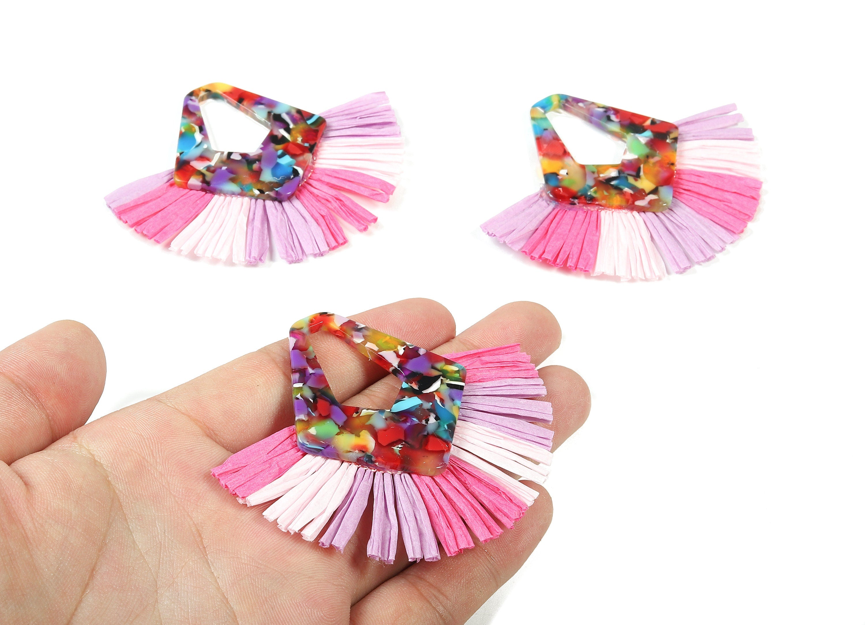 Acetate Diamond Raffia Tassels Charms - Earrings with Fan Tassels - Single Layer Raffia - Color Code: A21 - 80.01x65.98x4.32mm - AC1765 - DOMEDBAZAAR