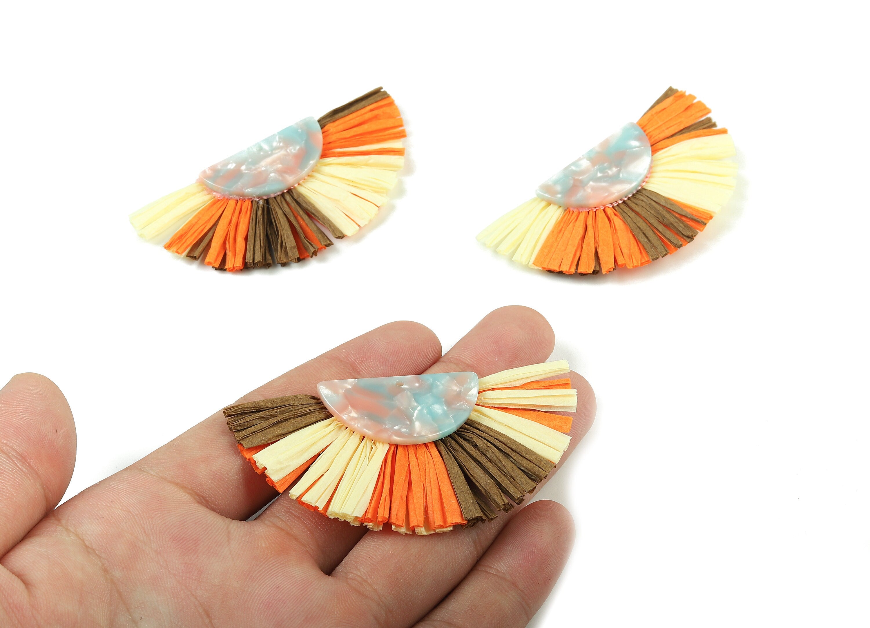 Acetate Semicircle Raffia Tassels Charms - Earrings with Fan Tassels - Double-Layer Raffia - Color Code: A97 - 74.28x39.62x5.5mm - AC1774 - DOMEDBAZAAR