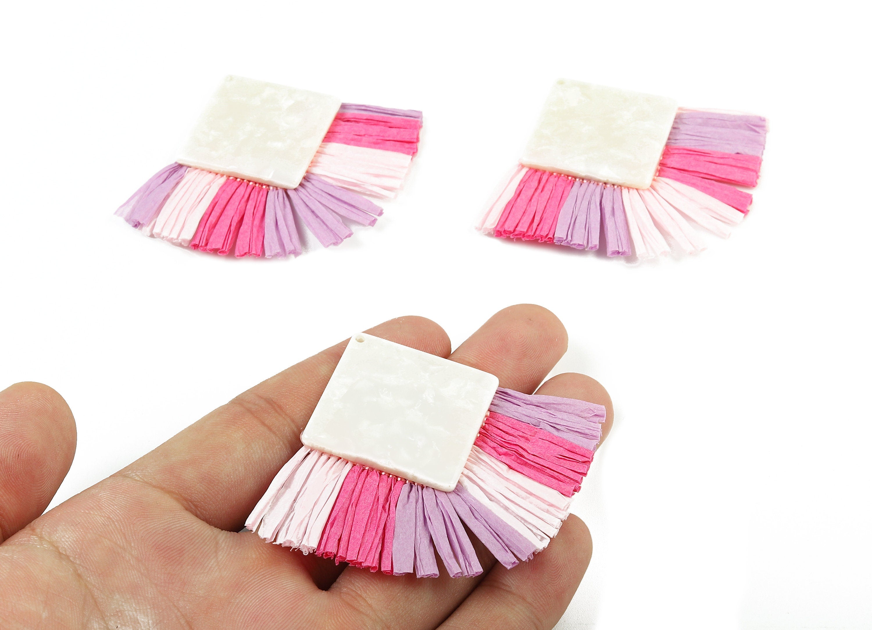Acetate Square Raffia Tassels Charms - Earrings with Fan Tassels - Double-layer raffia - Color Code: A12 - 73.5x56.54x5.28mm - AC1772 - DOMEDBAZAAR