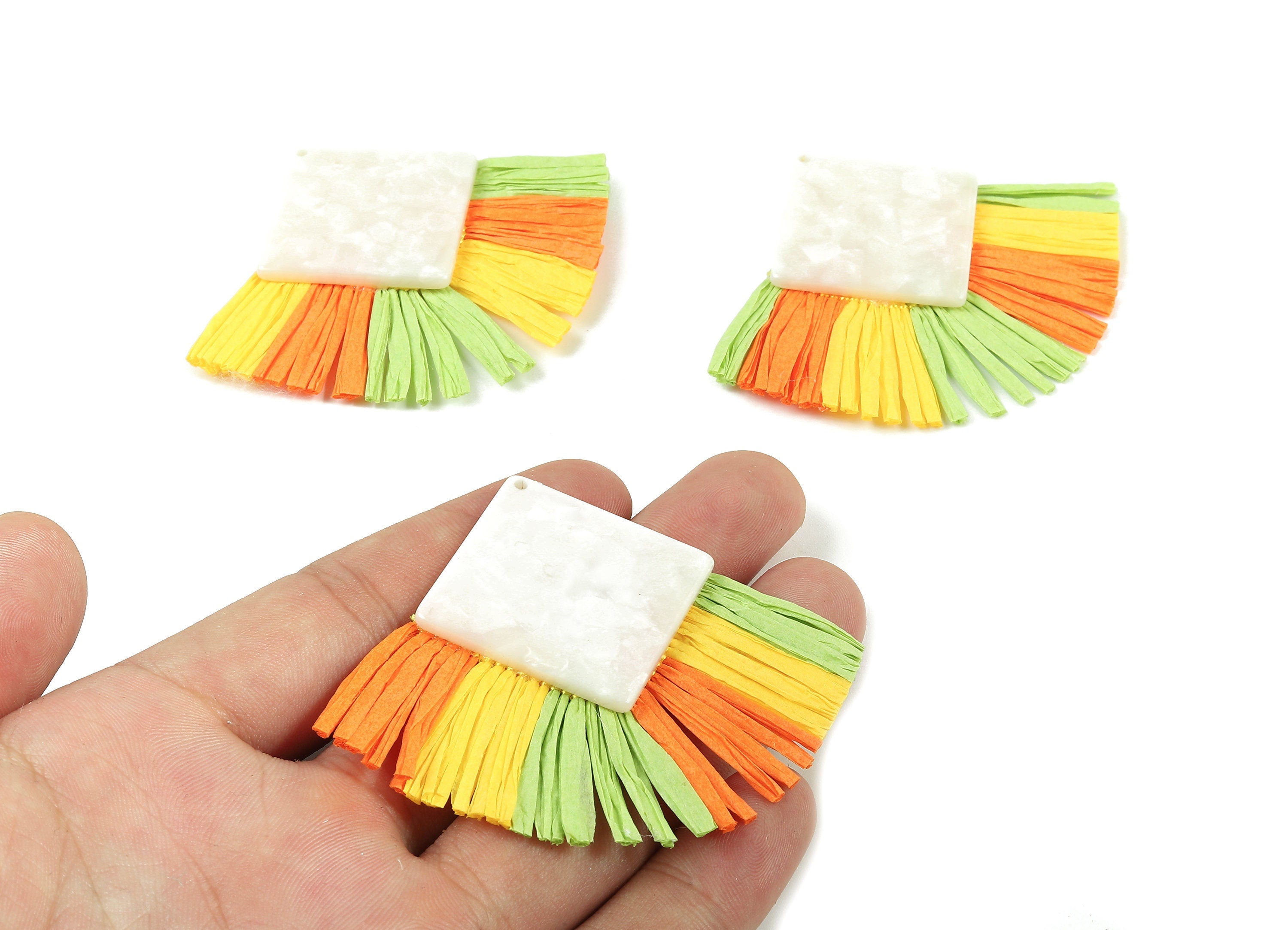 Acetate Square Raffia Tassels Charms - Earrings with Fan Tassels - Double-layer raffia - Color Code: A12 - 73.5x56.54x5.28mm - AC1771 - DOMEDBAZAAR