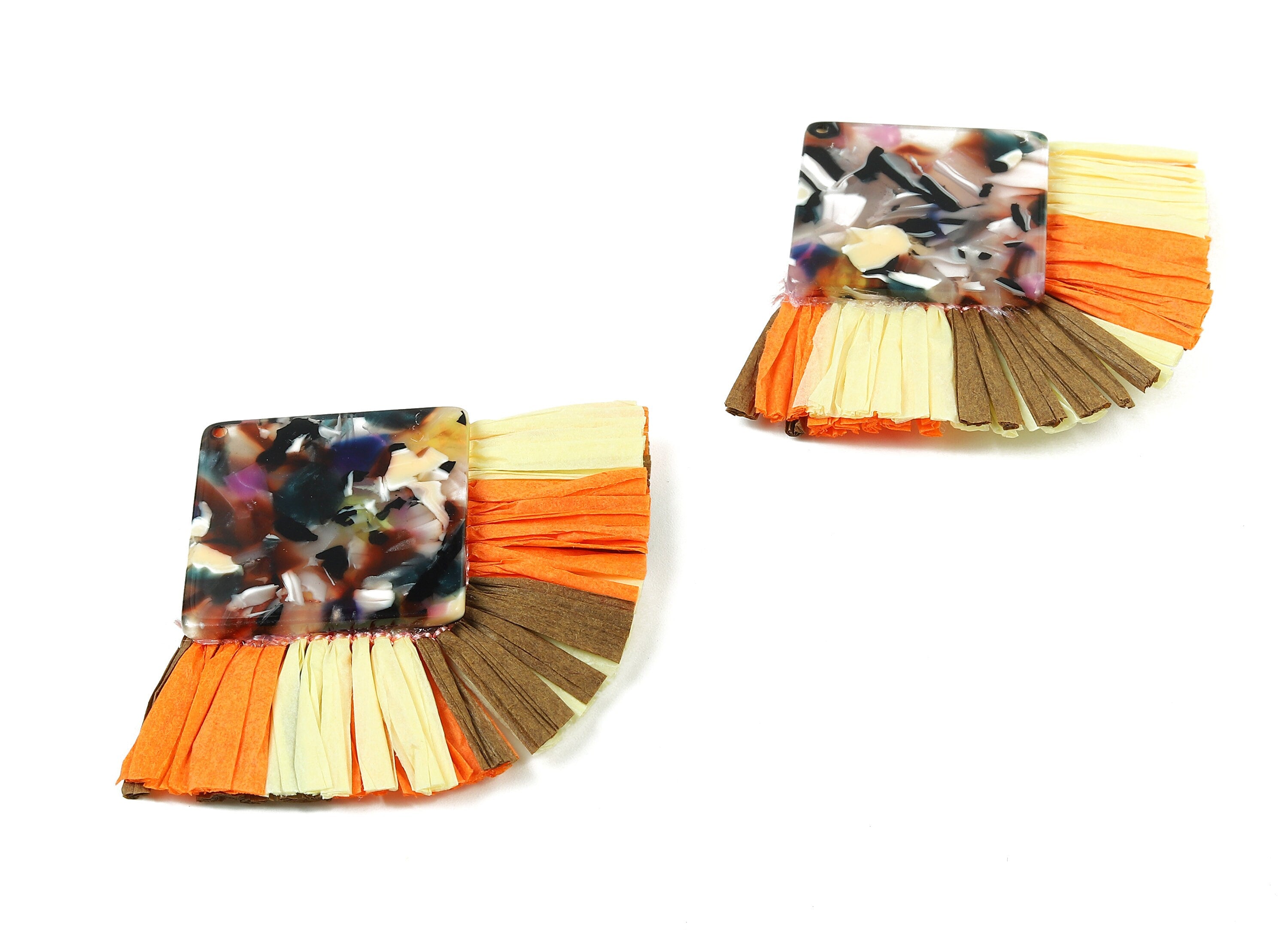 Acetate Square Raffia Tassels Charms - Earrings with Fan Tassels - Double-layer raffia - Color Code: A11 - 73.5x56.54x5.28mm - AC1767 - DOMEDBAZAAR