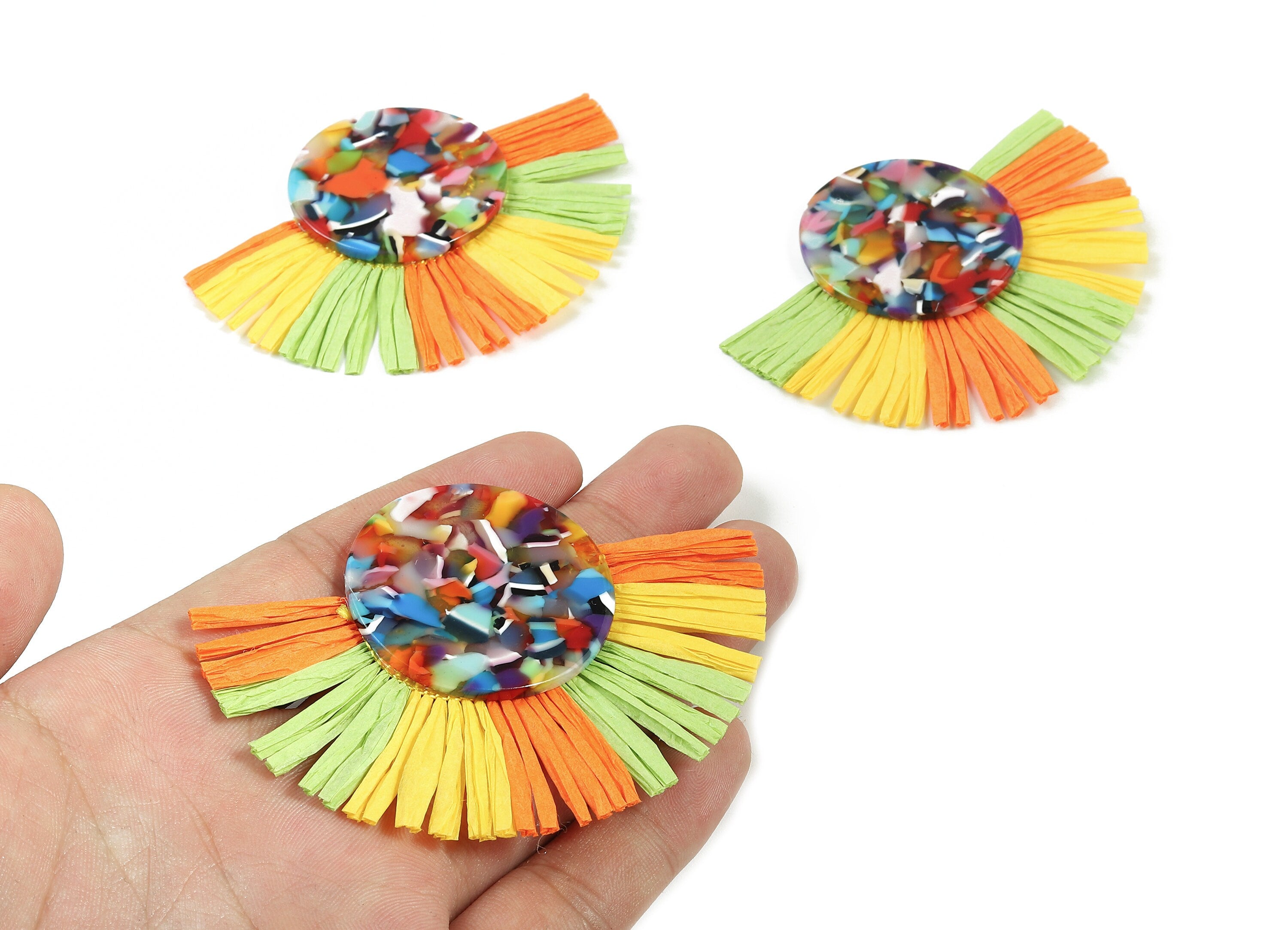 Acetate Round Raffia Tassels Charms - Earrings with Fan Tassels - Single Layer Raffia - Color Code: A21 - 81.4x59.91x4.19mm - AC1790 - DOMEDBAZAAR
