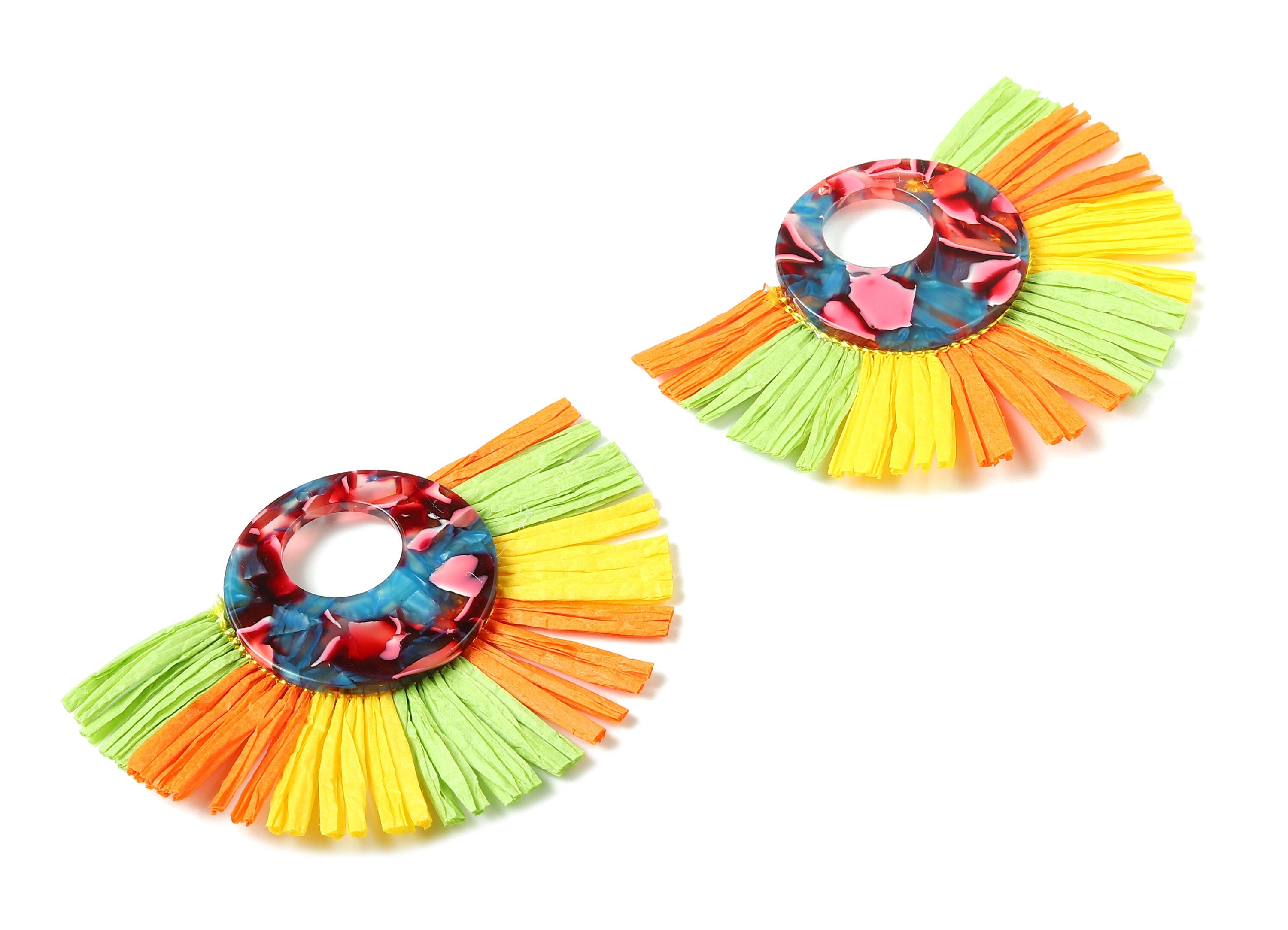 Acetate Round Raffia Tassels Charms - Earrings with Fan Tassels - Single Layer Raffia - Color Code: A24 - 79.37x56.74x4mm - AC1762 - DOMEDBAZAAR