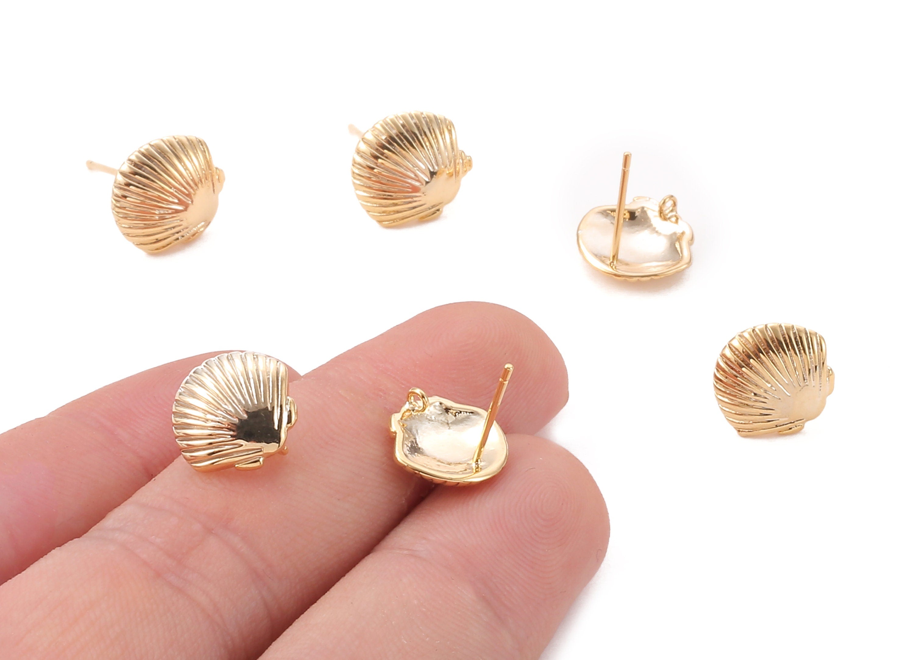 Brass Mussel Shell Earring Posts - Brass Mussel Shell Earring Stud - 18K Real Gold Plated Brass Stud -  11.33x10.78x1.2mm - RGP1047 - DOMEDBAZAAR