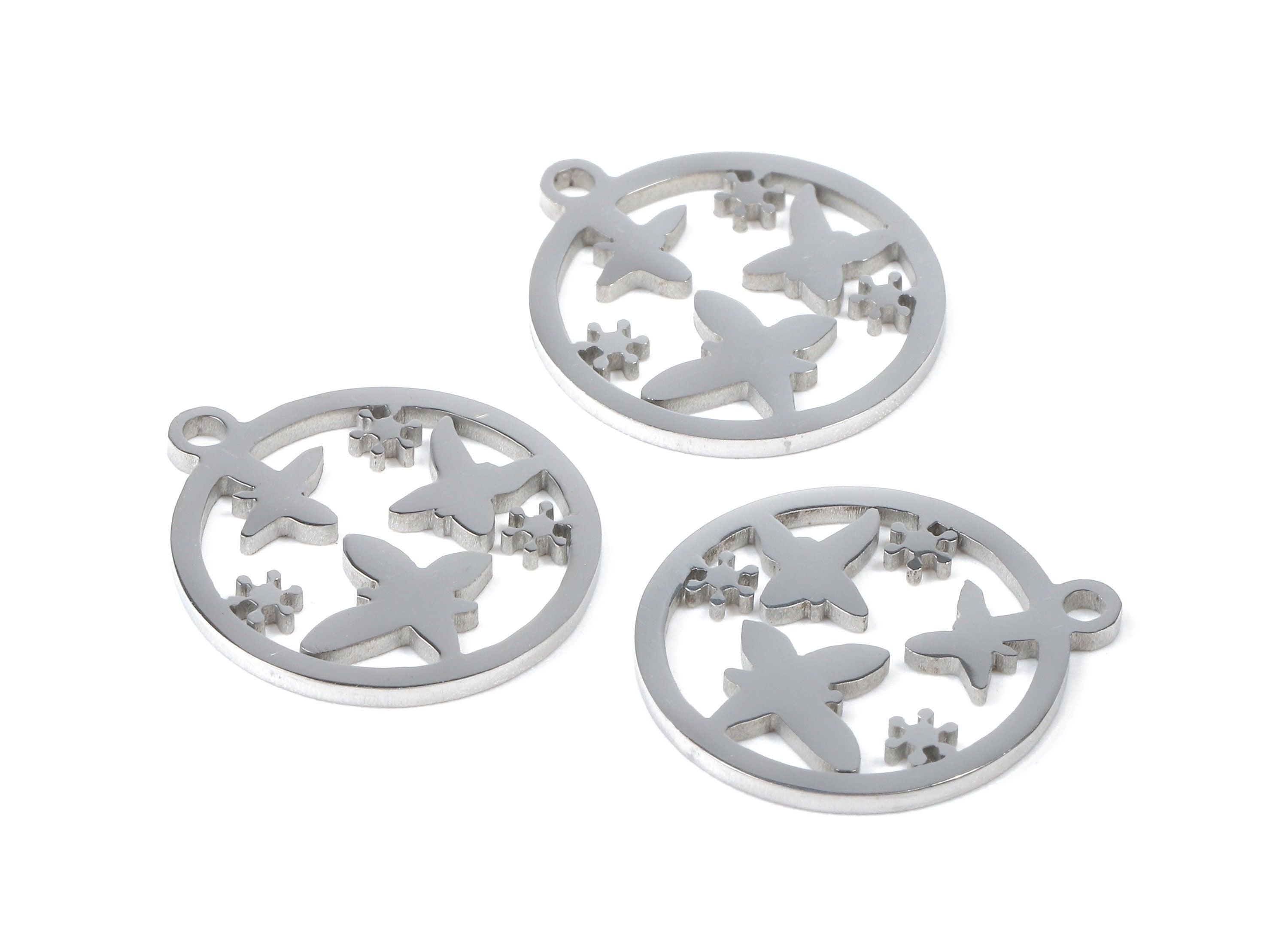 Stainless Steel Butterflies Charms - Butterfly in Circle - Circle Earrings and Pendant - Bracelet Pendant - 17.48x15.33x0.94mm - SS1039 - DOMEDBAZAAR