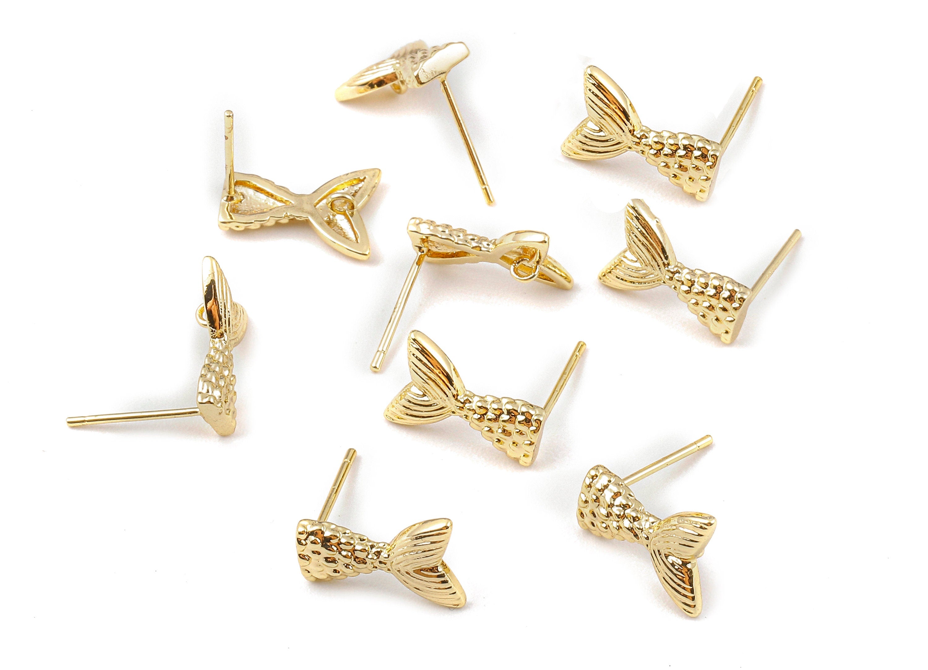 Brass Fishtail Earring Posts - Fishtail Earring Stud - 18K Real Gold Plated Brass Stud - Jewelry Supplies - 13.21x9.76x1.78mm - RGP1123 - DOMEDBAZAAR