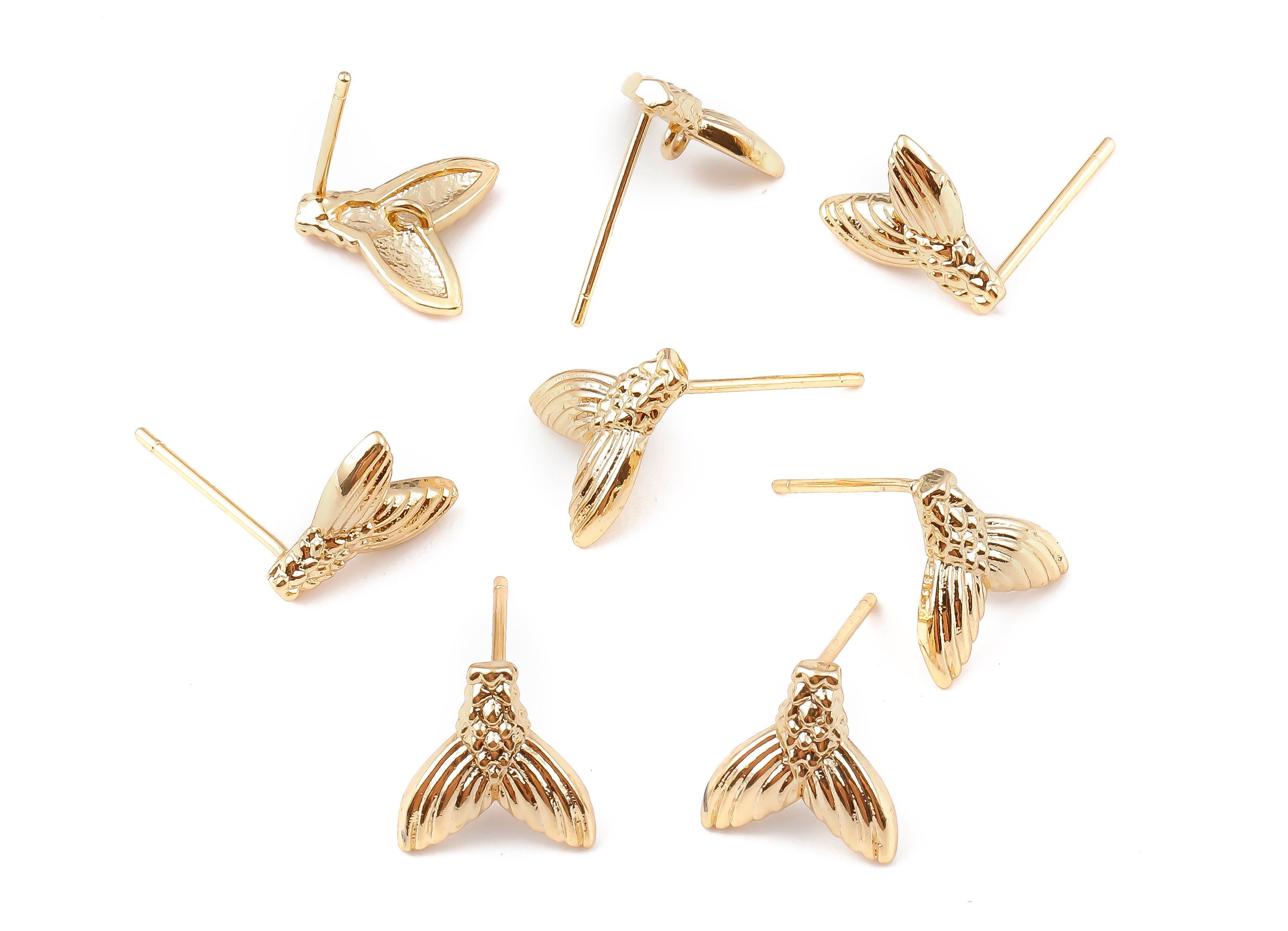 Brass Fish tail Earring Post - 18K Real Gold Plated Brass Fish tail Stud - Jewelry Supplies - 9.8x9.78x1.45mm - RGP1133 - DOMEDBAZAAR