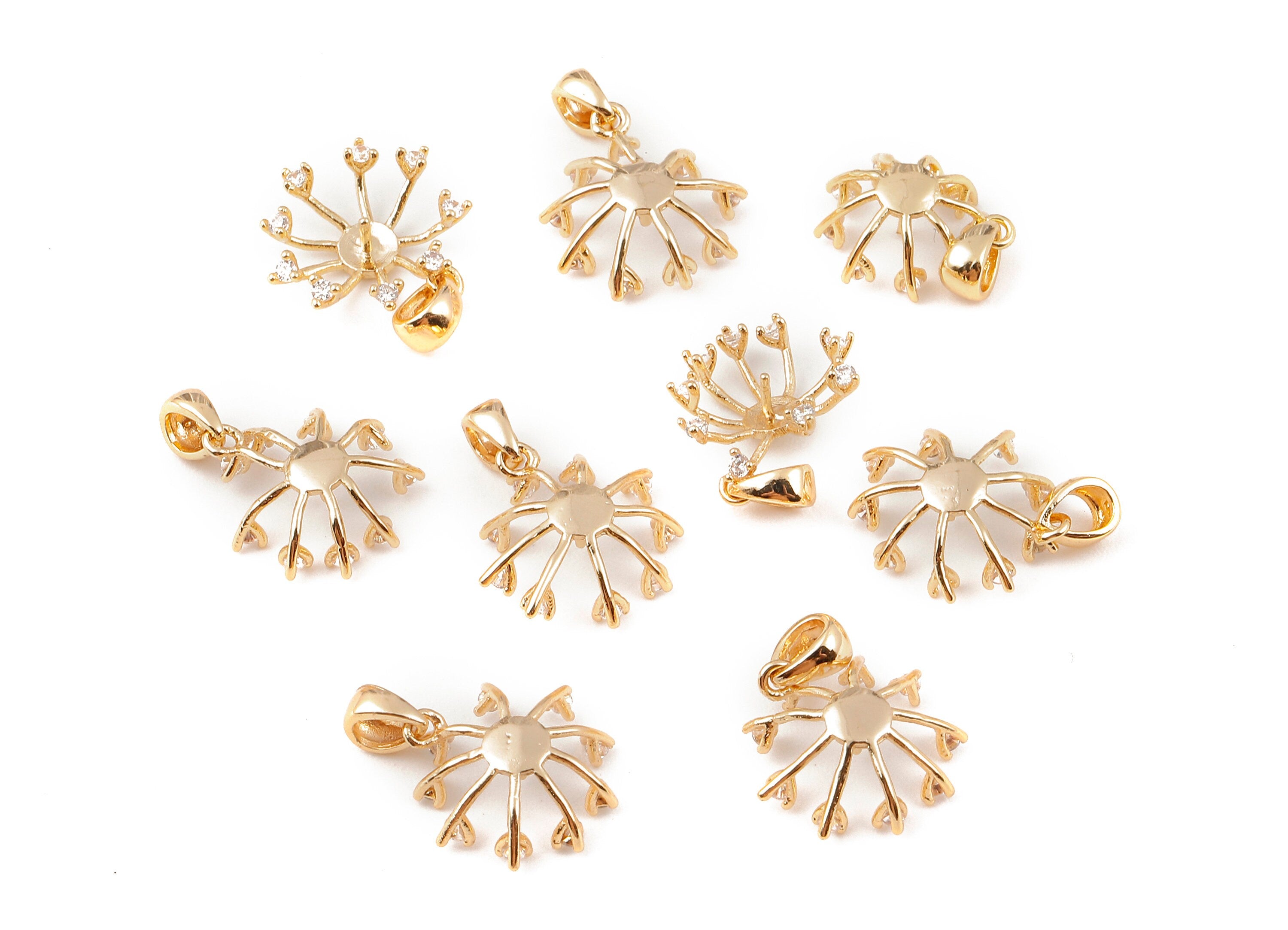 Brass Flower Charms For Pearl - Zircon Pendant For Pearl  - 18K Real Gold Plated Brass Stud - Jewelry Supplies - 11.06x9.09mm - RGP1158 - DOMEDBAZAAR
