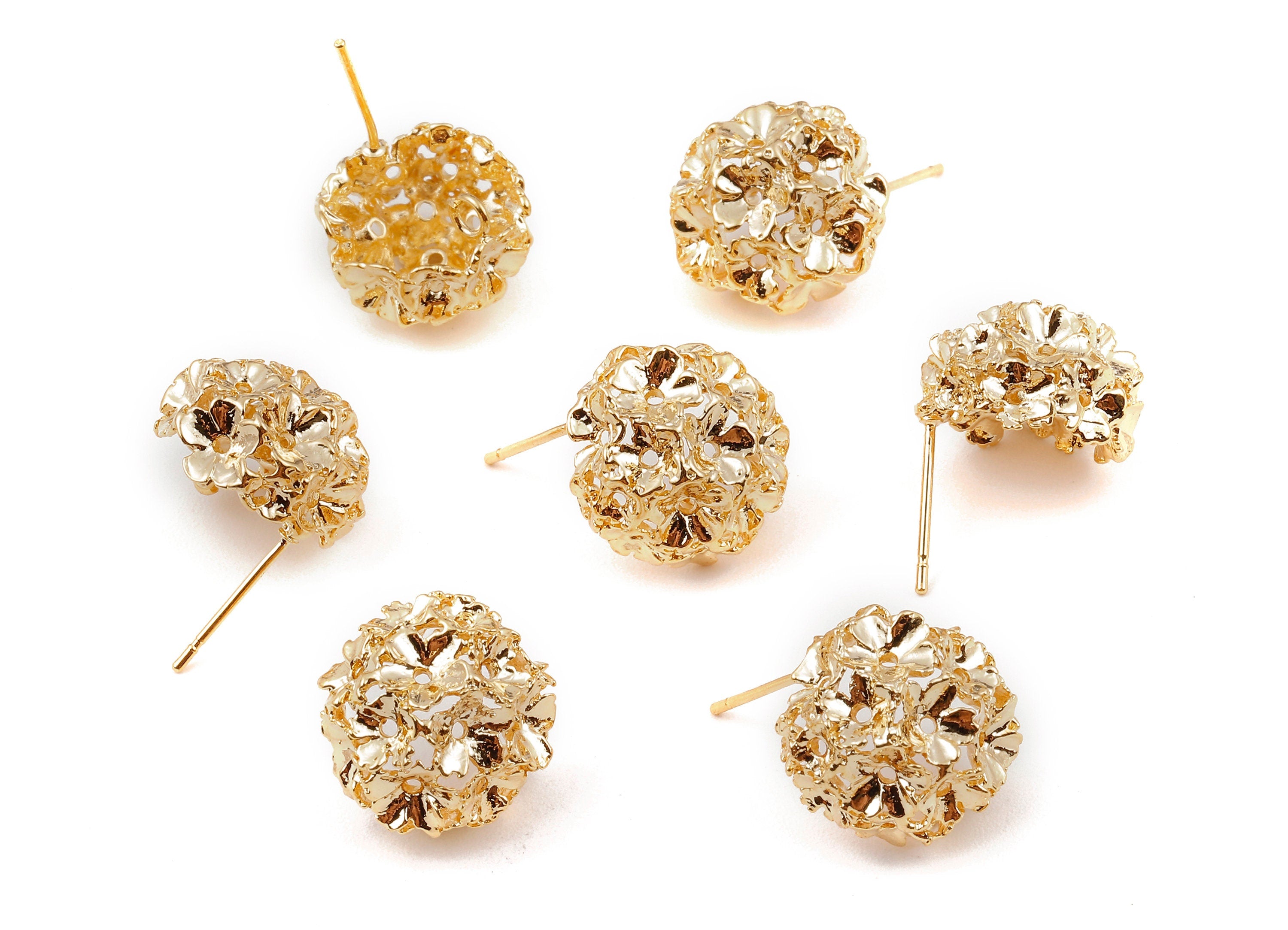 Brass Flowers Earing Post - Brass Bouquet Earring Stud - 18K Real Gold Plated Brass - Jewelry Supplies - 15.95x15.95x1.65mm - RGP1152 - DOMEDBAZAAR