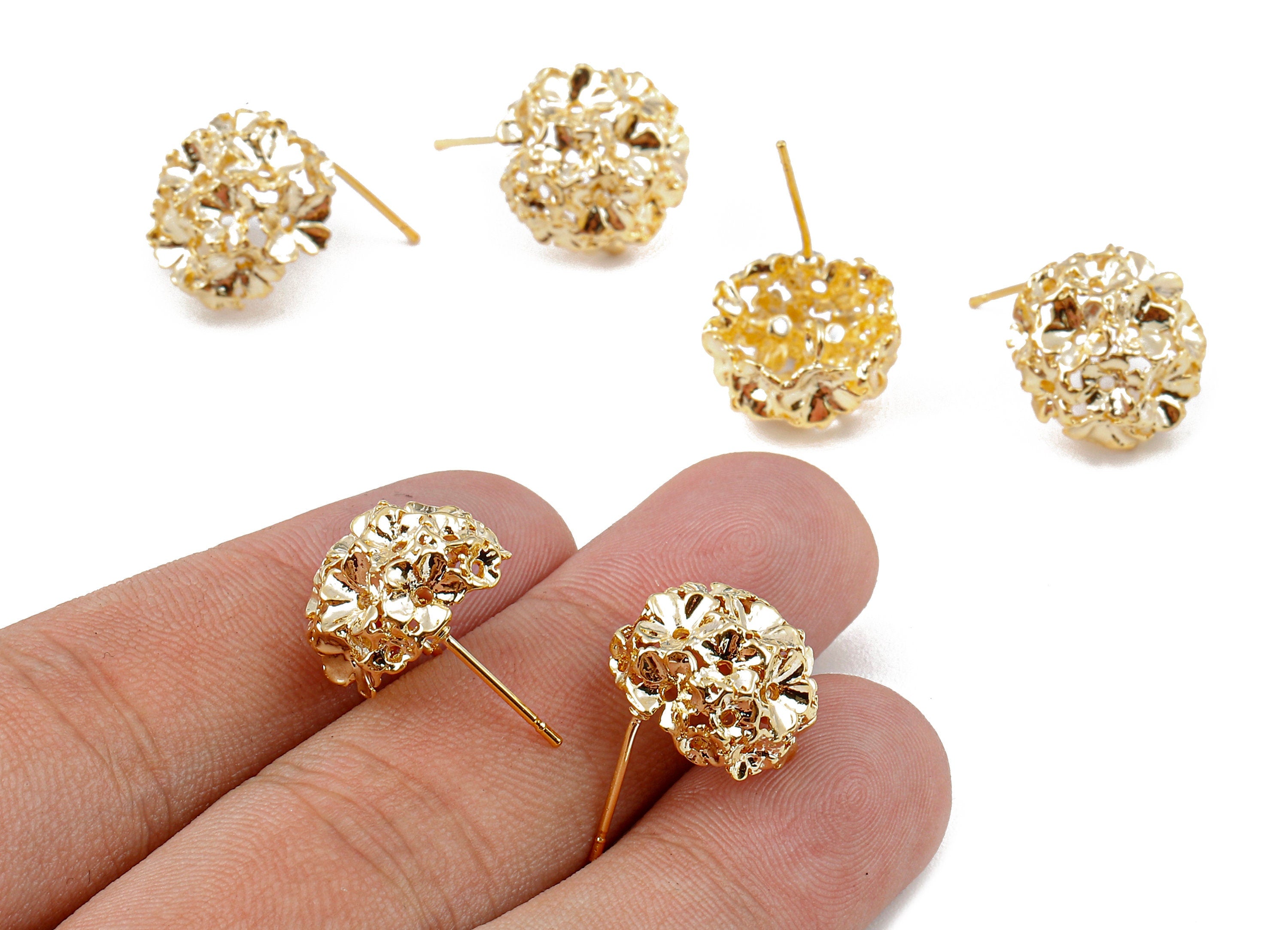 Brass Flowers Earing Post - Brass Bouquet Earring Stud - 18K Real Gold Plated Brass - Jewelry Supplies - 15.95x15.95x1.65mm - RGP1152 - DOMEDBAZAAR