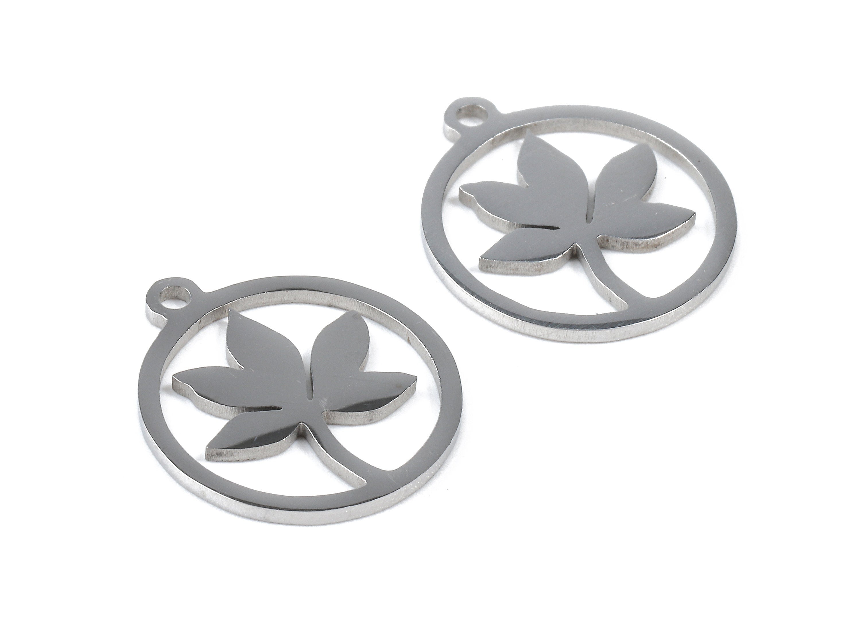 Stainless Steel Flower Charms - Flower in Circle - Circle Earrings and Pendant - Bracelet Pendant - 16.87x14.9x0.93mm - SS1051 - DOMEDBAZAAR