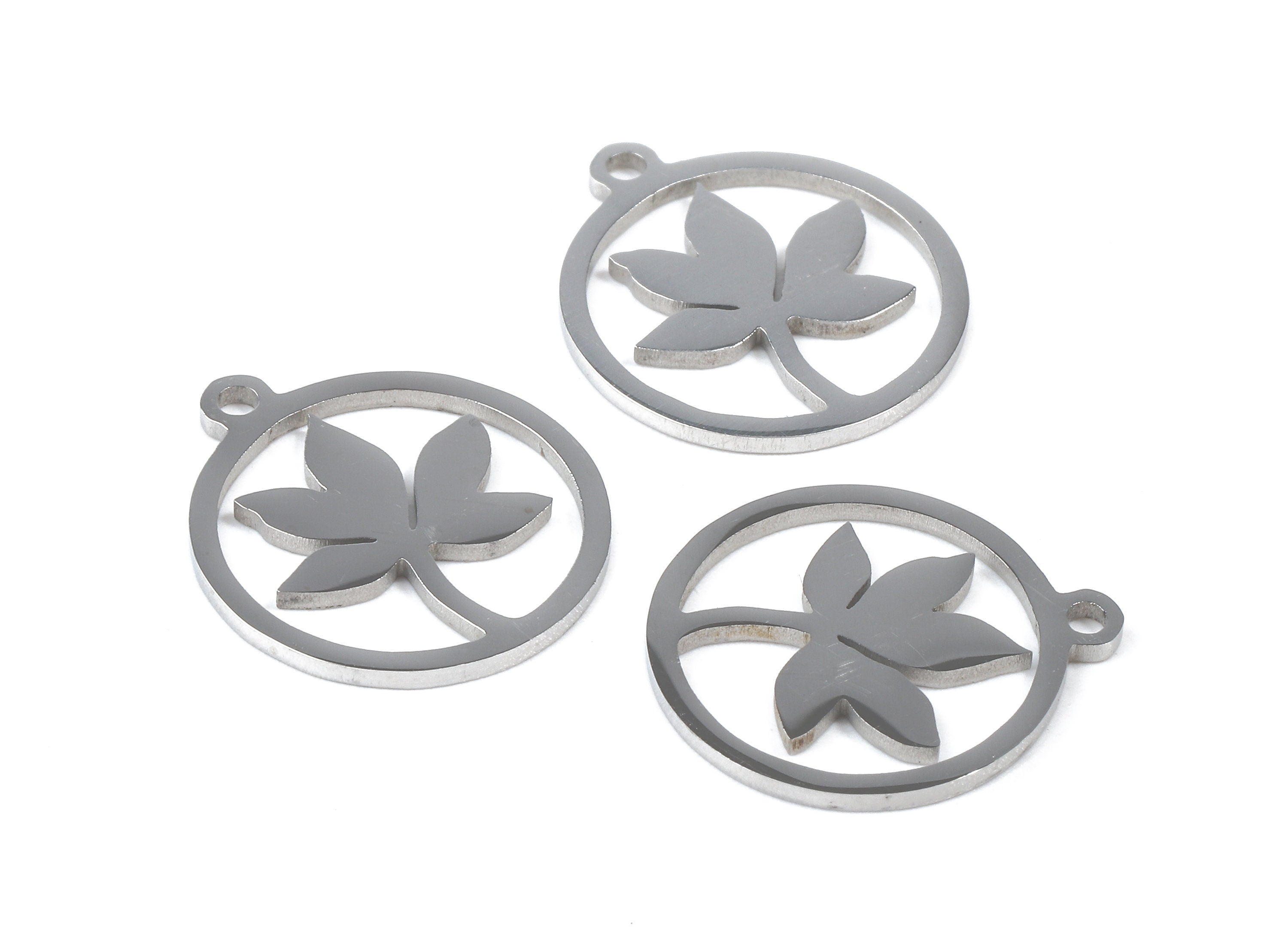 Stainless Steel Flower Charms - Flower in Circle - Circle Earrings and Pendant - Bracelet Pendant - 16.87x14.9x0.93mm - SS1051 - DOMEDBAZAAR