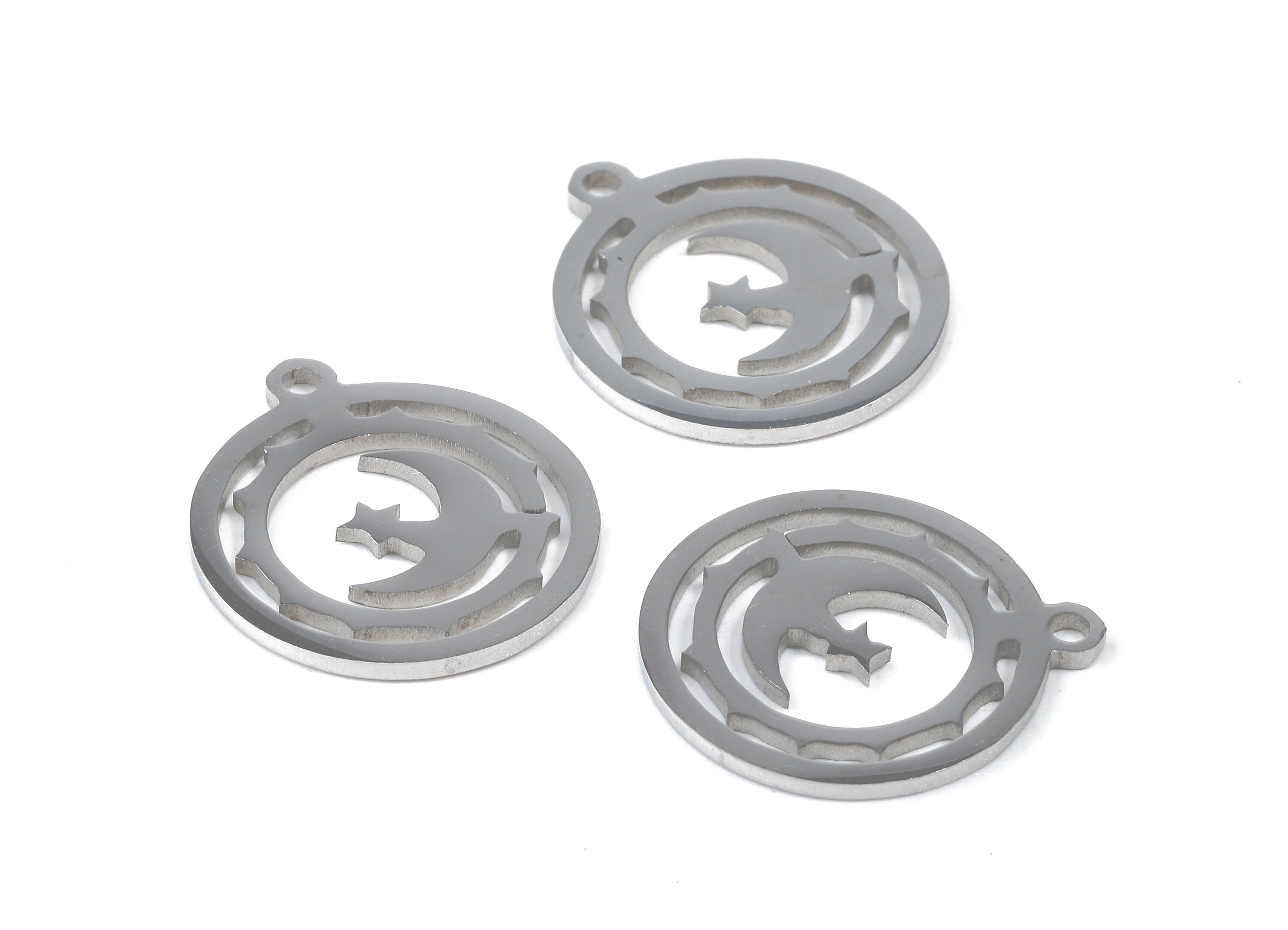 Stainless Steel Moon Charms - Moon in Circle - Circle Earrings and Pendant - Bracelet Pendant - 17.46x15.36x0.93mm - SS1040 - DOMEDBAZAAR